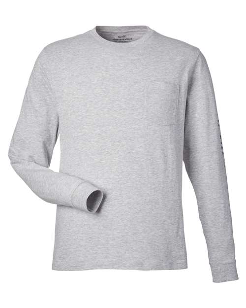 Unisex Long Sleeve Pocket T-Shirt — Grey Heather/ Blue Blazer