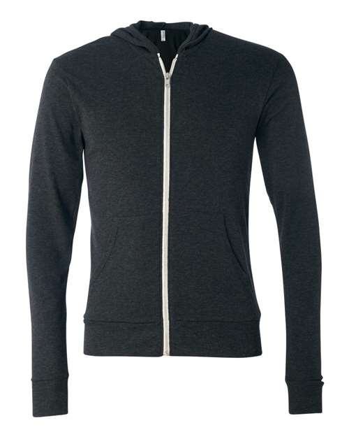Unisex Triblend Lightweight Full-Zip Hooded Long Sleeve Tee — Charcoal Black Triblend