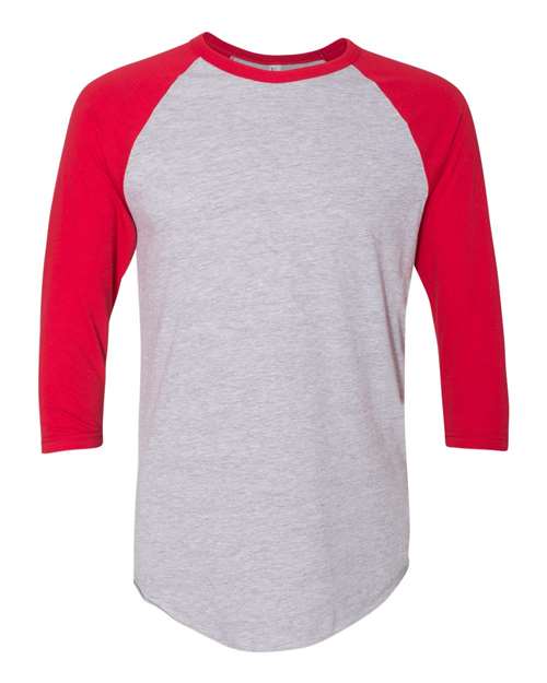 Unisex 50/50 Raglan Three-Quarter Sleeve Tee — Heather Grey/ Red