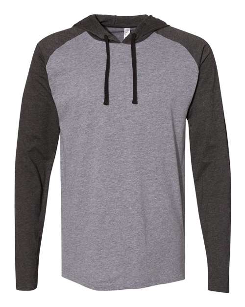 Unisex Fine Jersey Hooded Long Sleeve Raglan T-Shirt — Granite Heather/ Vintage Smoke/ Black