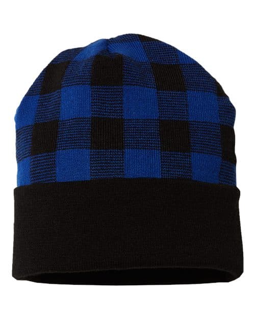 USA-Made Plaid Beanie — Black/ True Royal