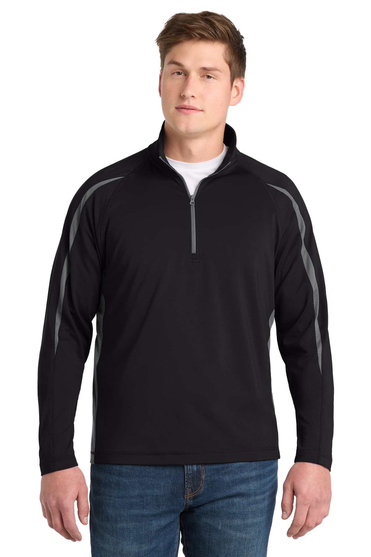 Sport-Tek ® Sport-Wick ® Stretch 1/4-Zip Colorblock Pullover — Black/ Charcoal Grey