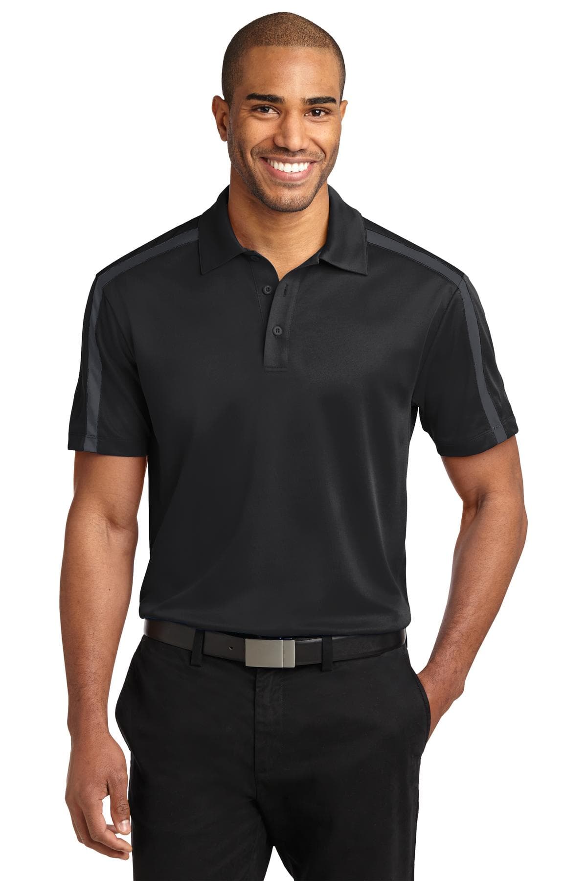 Port Authority ® Silk Touch Performance Colorblock Stripe Polo — Black/ Steel Grey