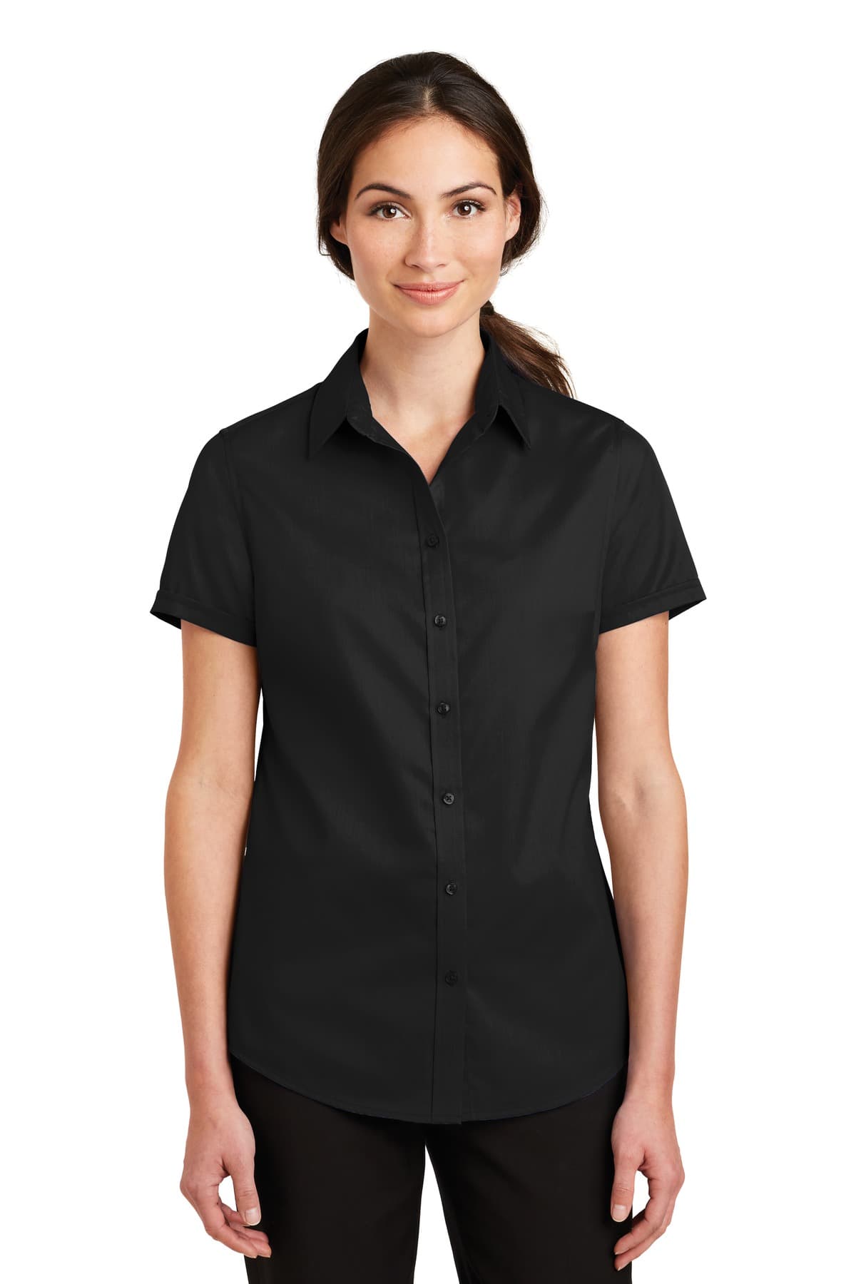 Port Authority ® Women's Short Sleeve SuperPro  Twill Shirt — Black