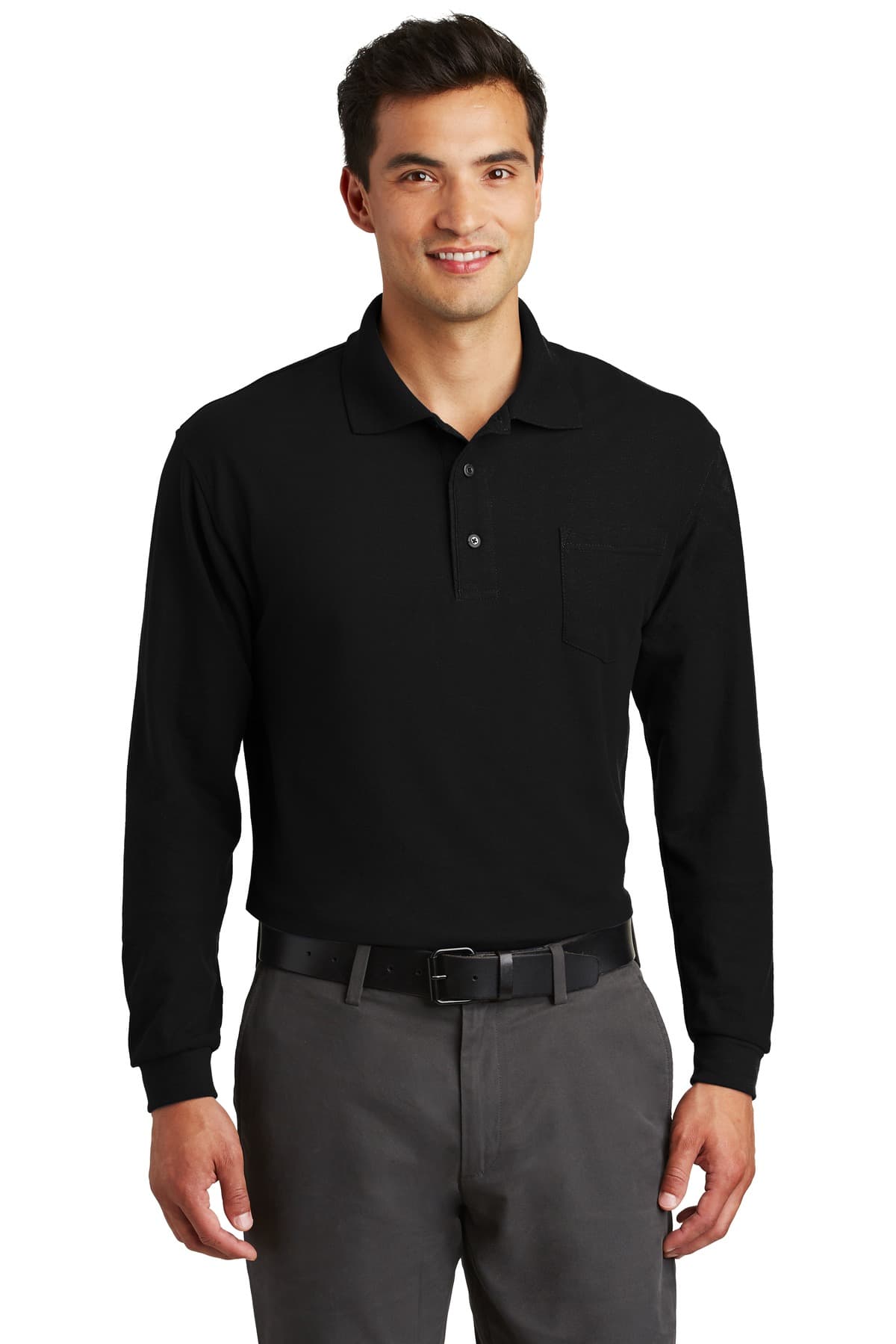 Port Authority ® Long Sleeve Silk Touch Polo with Pocket — Black