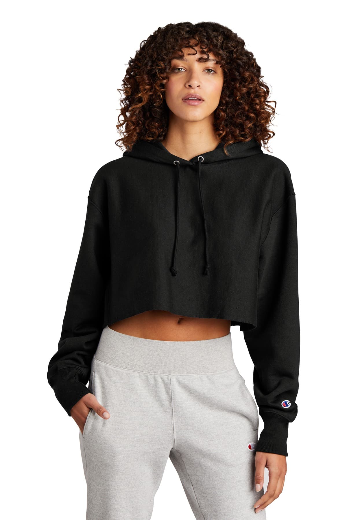 Champion ® Women's Reverse Weave ® Cropped Cut-Off Hooded Sweatshirt — Black