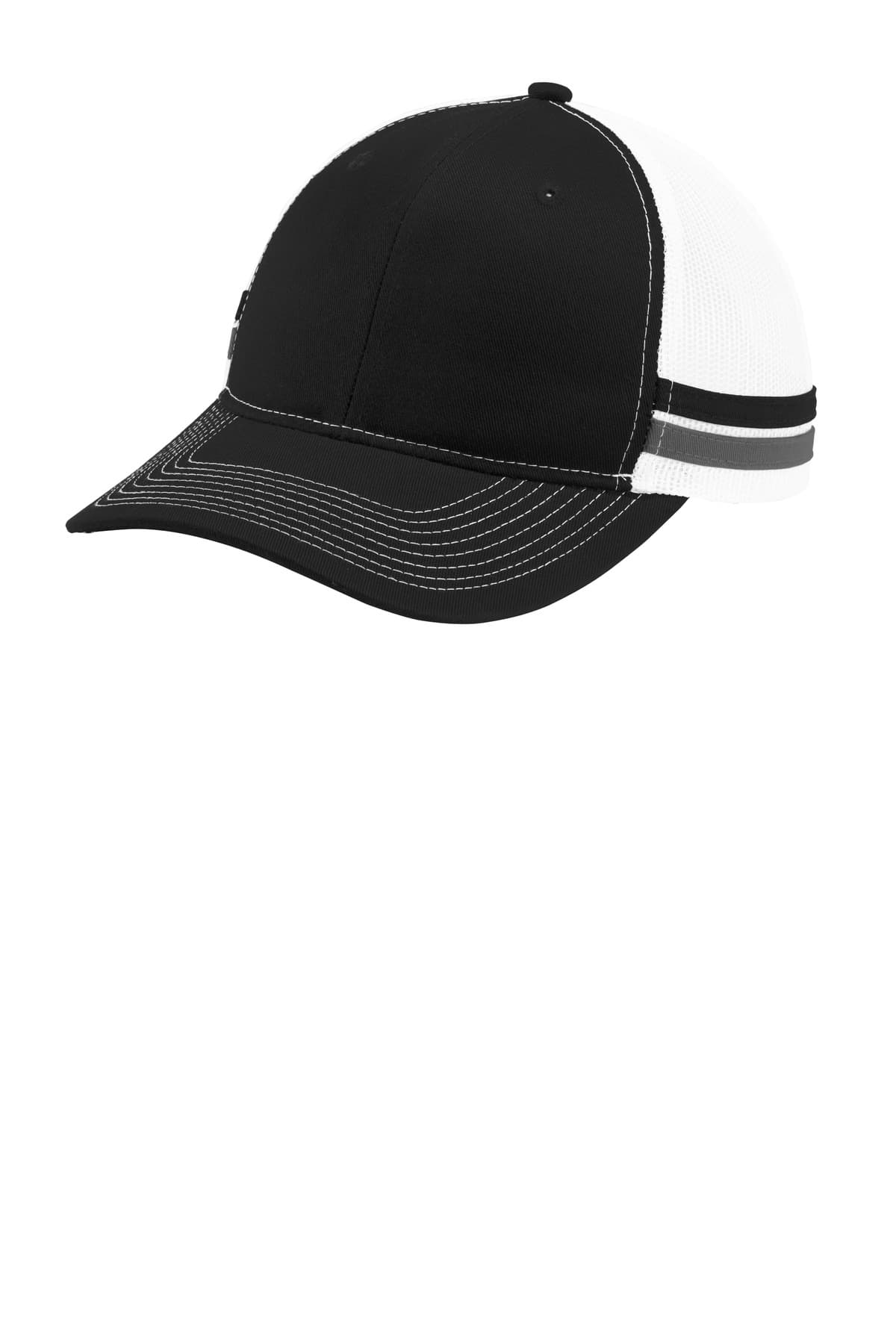 Port Authority ® Two-Stripe Snapback Trucker Cap — Black/ Grey Steel/ White