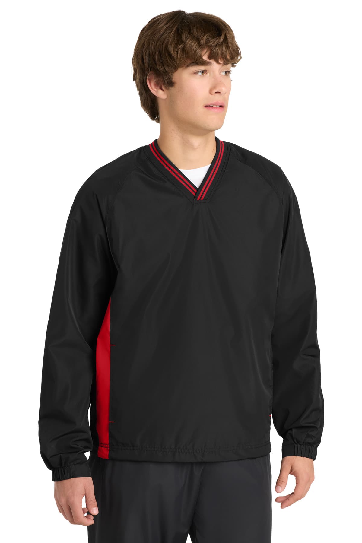 Sport-Tek ® Tipped V-Neck Raglan Wind Shirt — Black/ True Red
