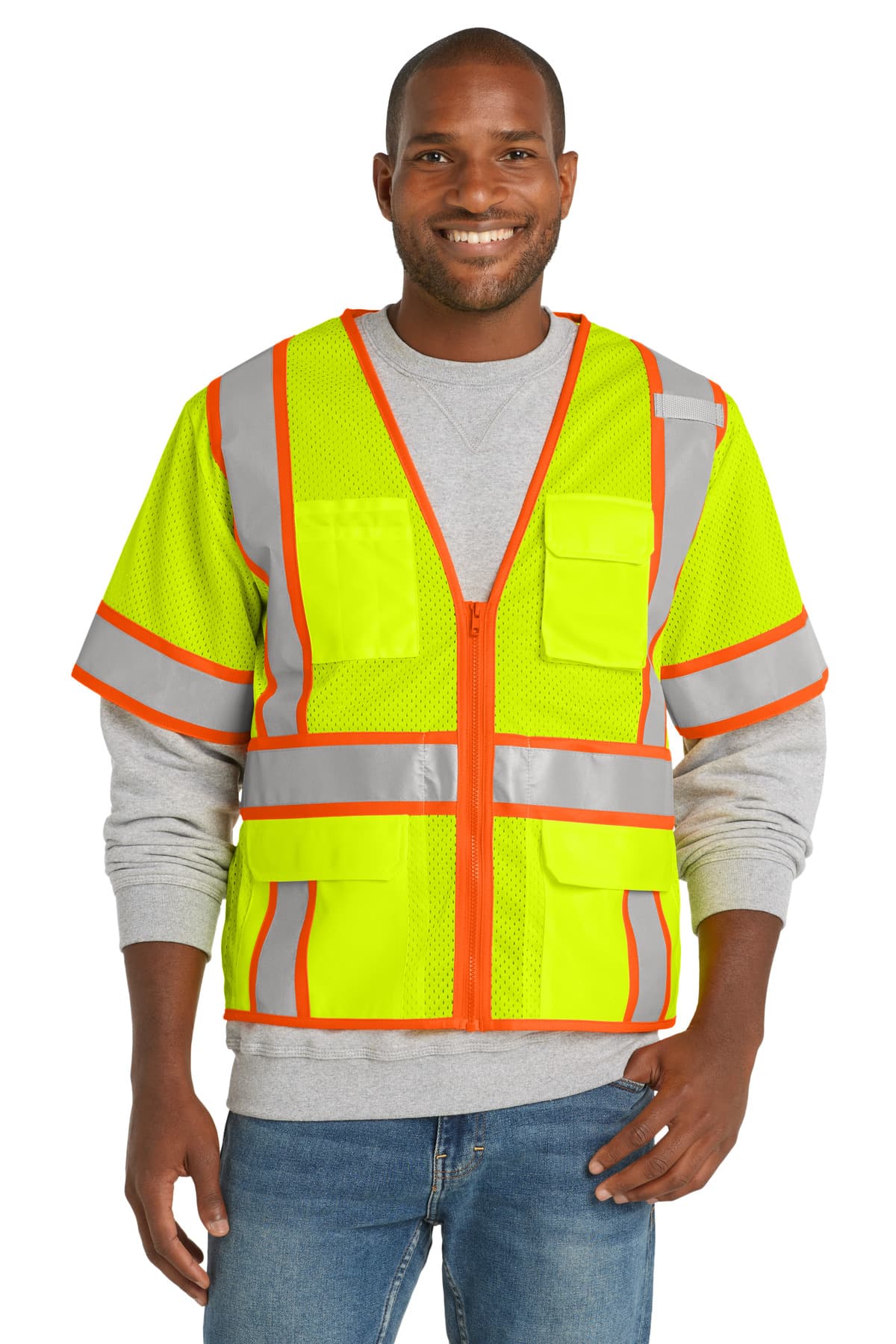CornerStone ® ANSI 107 Class 3 Surveyor Mesh Zippered Two-Tone Short Sleeve Vest — Safety Yellow