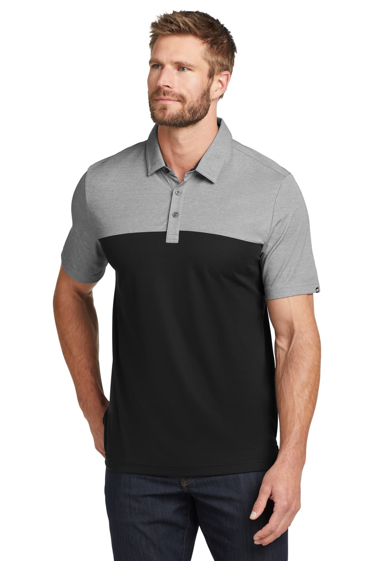 TravisMathew Oceanside Blocked Polo — Black Heather/ Black