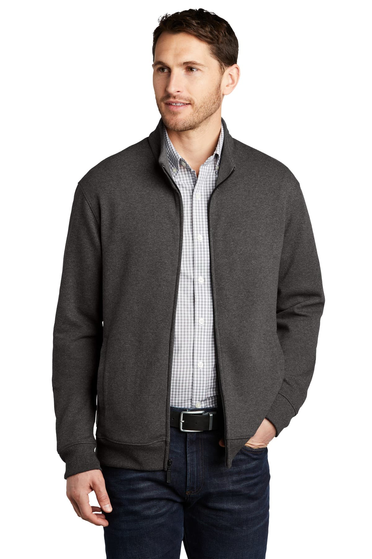 Port Authority ® Interlock Full-Zip — Charcoal Heather/ Medium Heather Grey