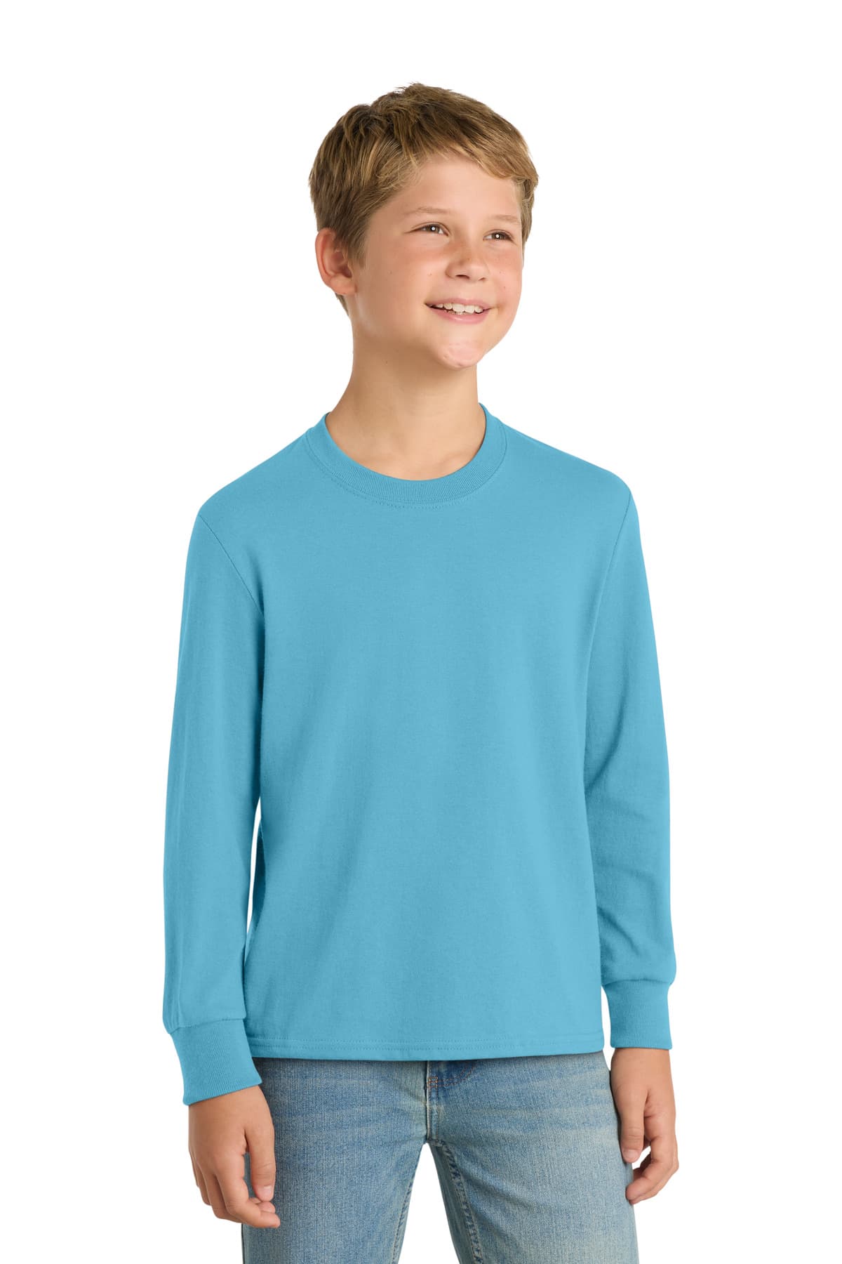 Port & Co  Youth Long Sleeve Core Cotton Tee — Aquatic Blue