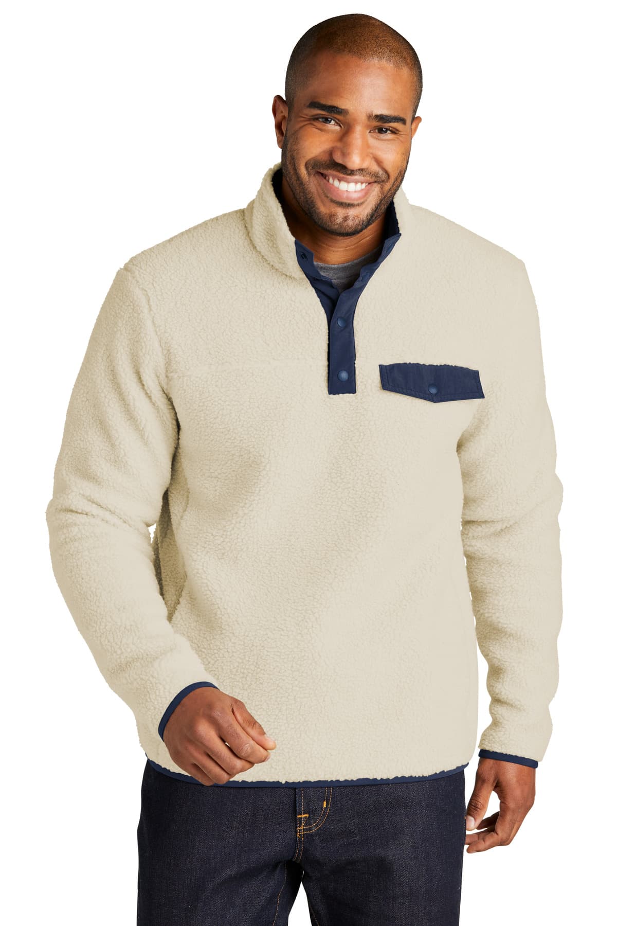 Port Authority ® Camp Fleece Snap Pullover — Oat/ Dress Blue Navy