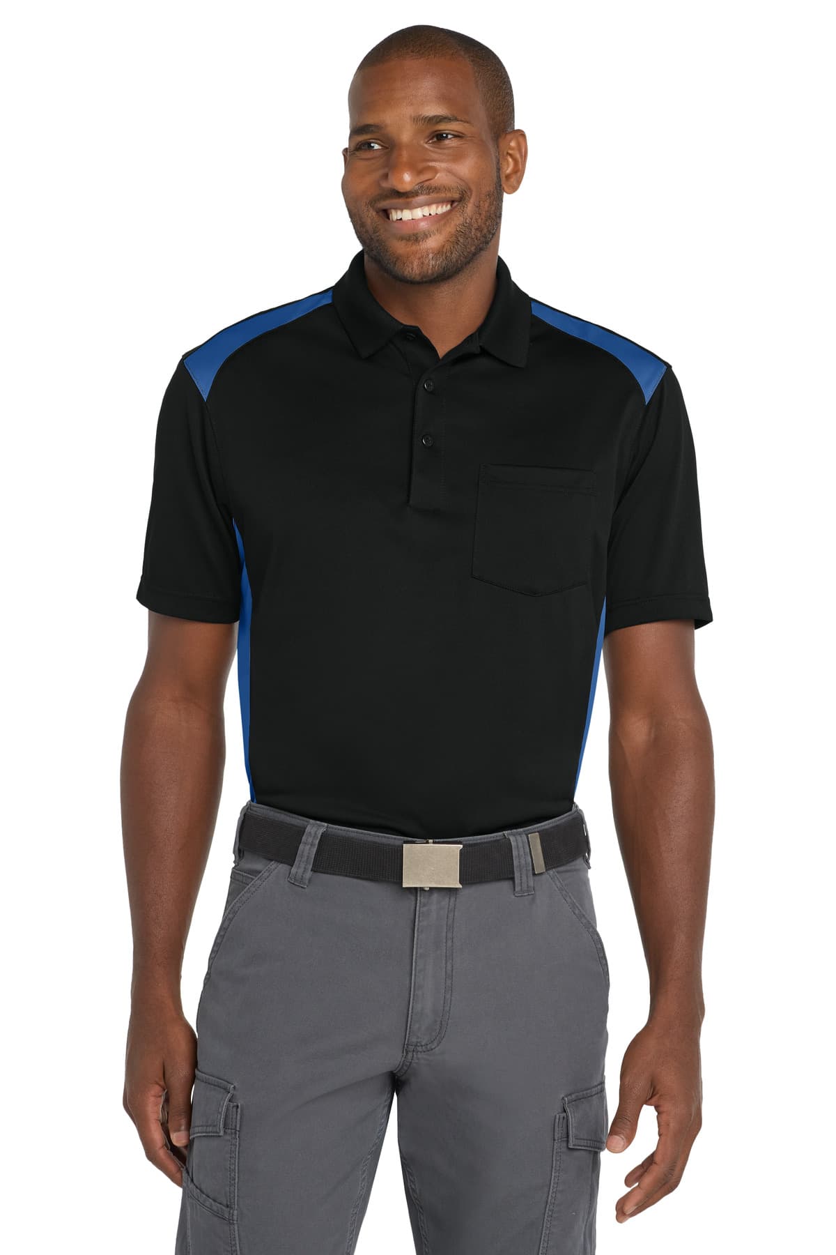CornerStone ® Select Snag-Proof Two Way Colorblock Pocket Polo — Black/ Royal