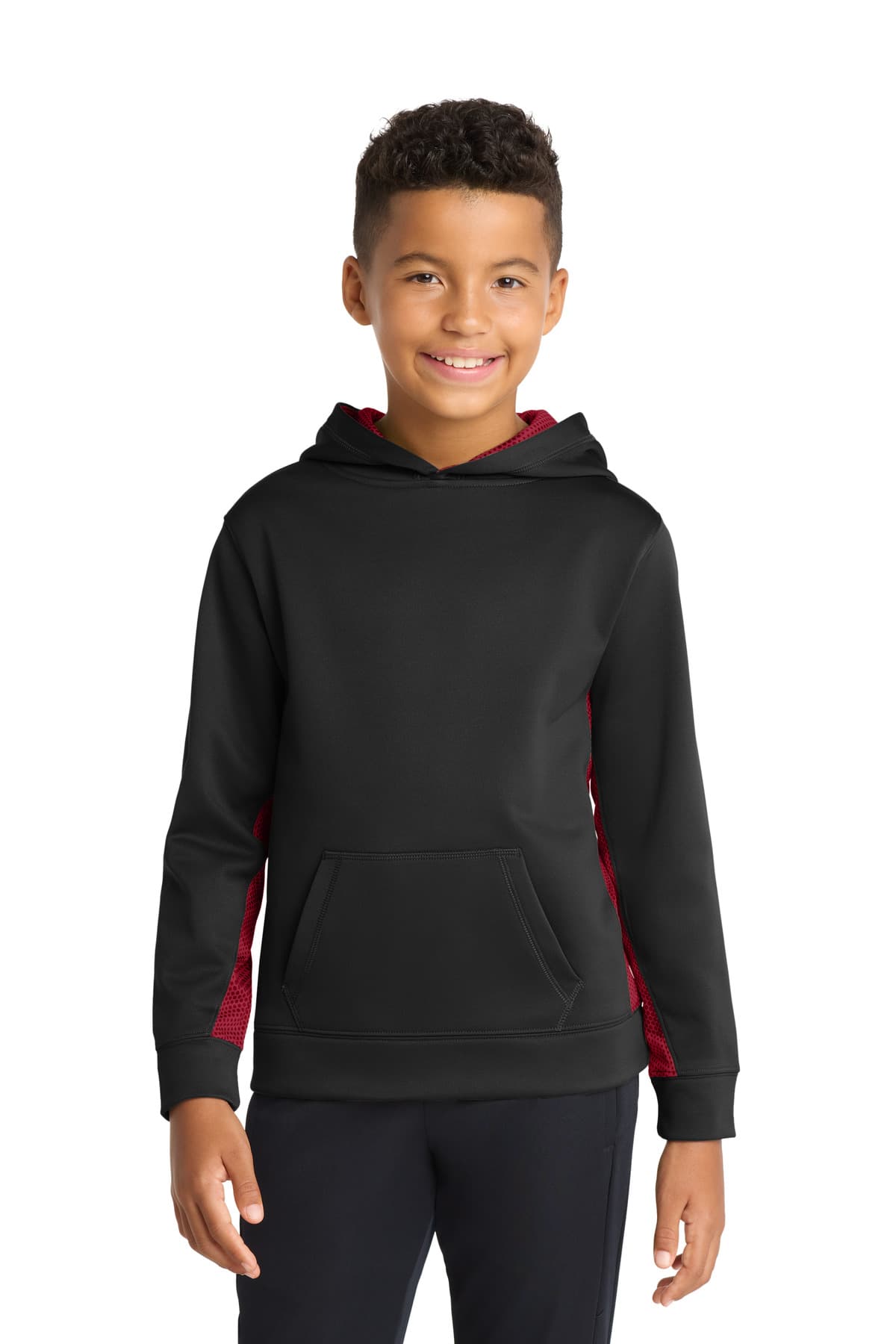 Sport-Tek ® Youth Sport-Wick ® CamoHex Fleece Colorblock Hooded Pullover — Black/ Deep Red