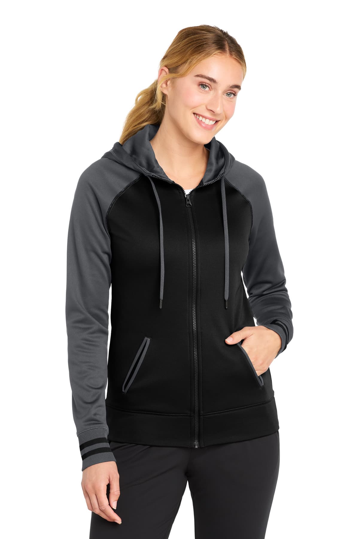 Sport-Tek ® Women's Sport-Wick ® Varsity Fleece Full-Zip Hooded Jacket — Black/ Dark Smoke Grey