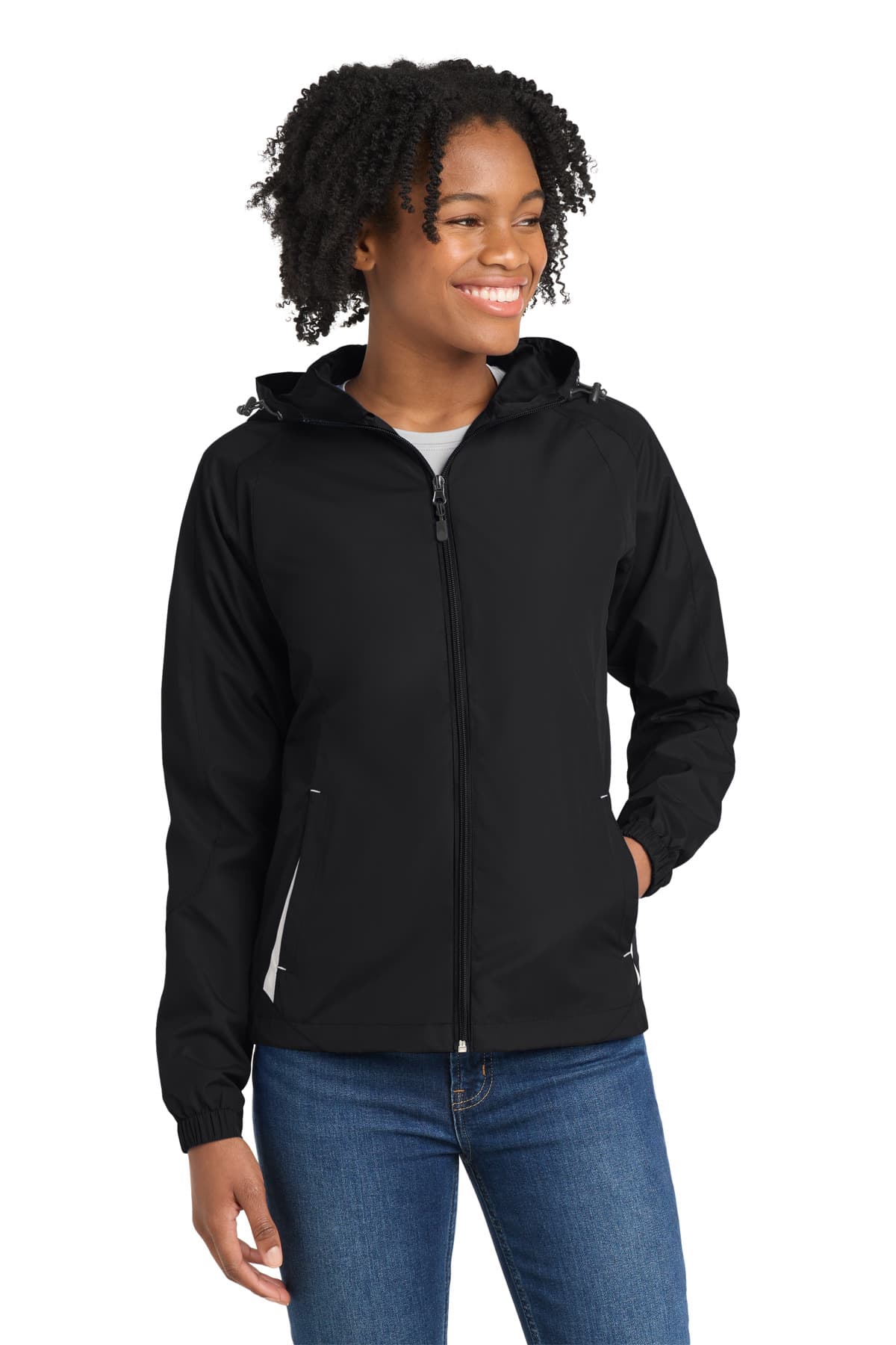 Sport-Tek ® Women's Colorblock Hooded Raglan Jacket — Black/ White