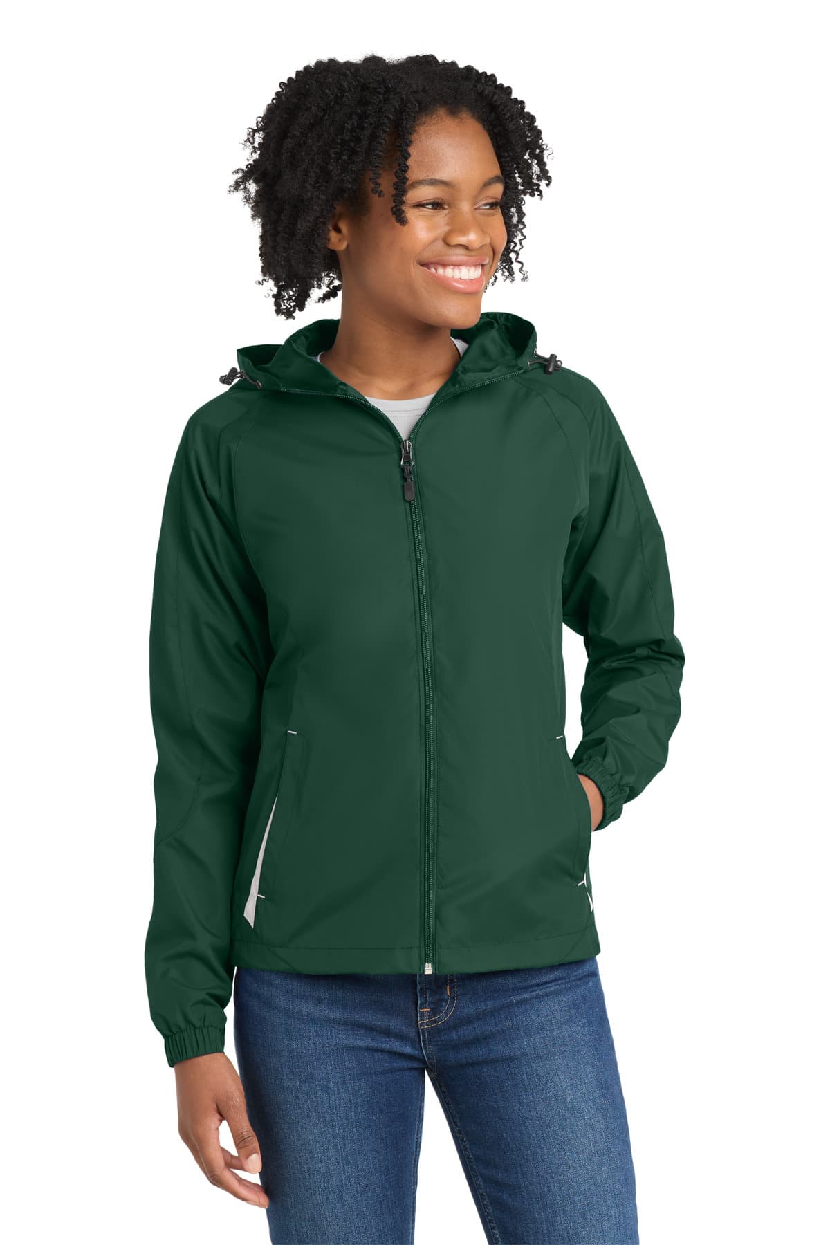 Sport-Tek ® Women's Colorblock Hooded Raglan Jacket — Forest Green/ White