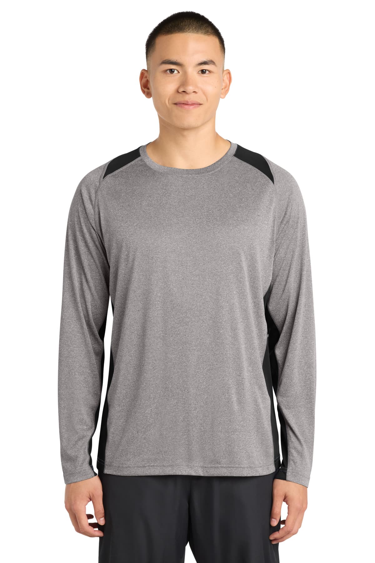 Sport-Tek ® Long Sleeve Heather Colorblock Contender  Tee — Vintage Heather/ Black