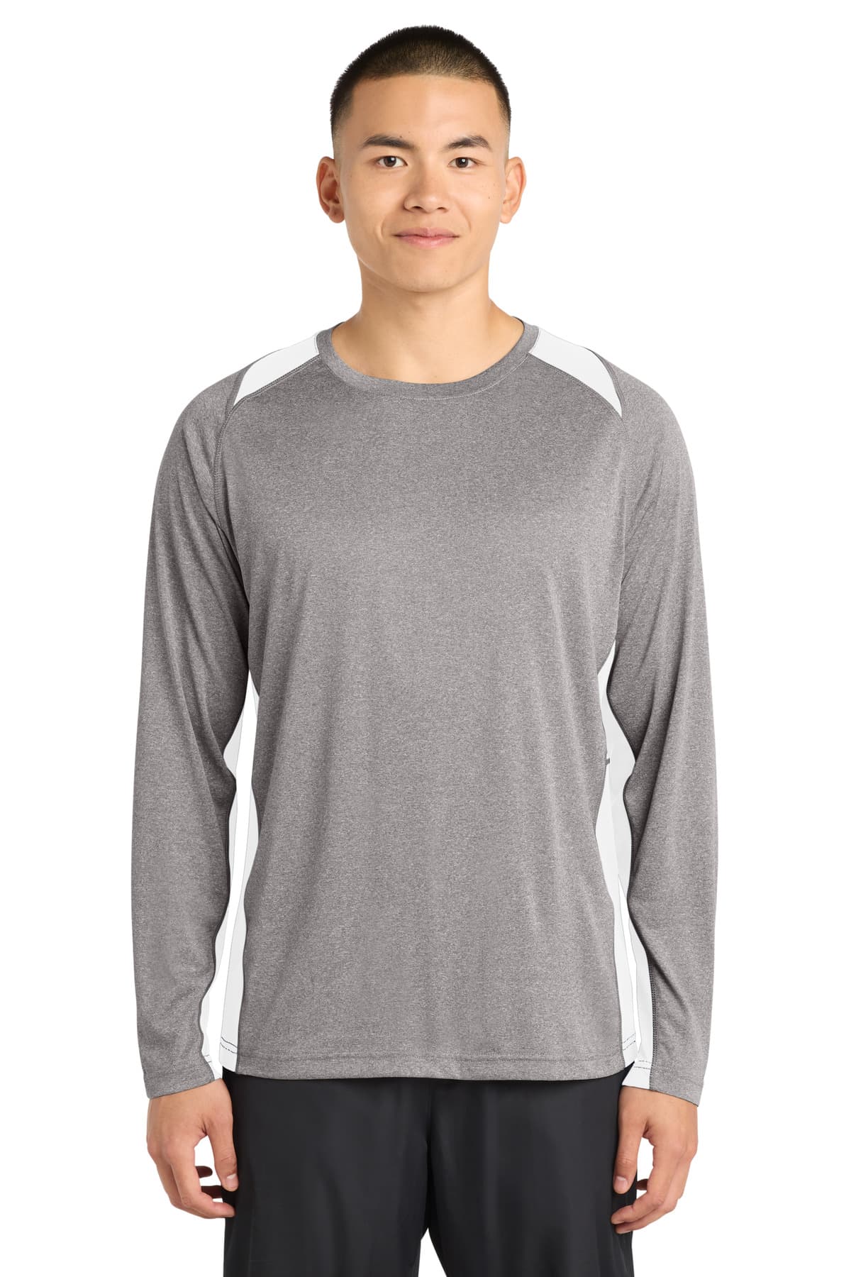 Sport-Tek ® Long Sleeve Heather Colorblock Contender  Tee — Vintage Heather/ White