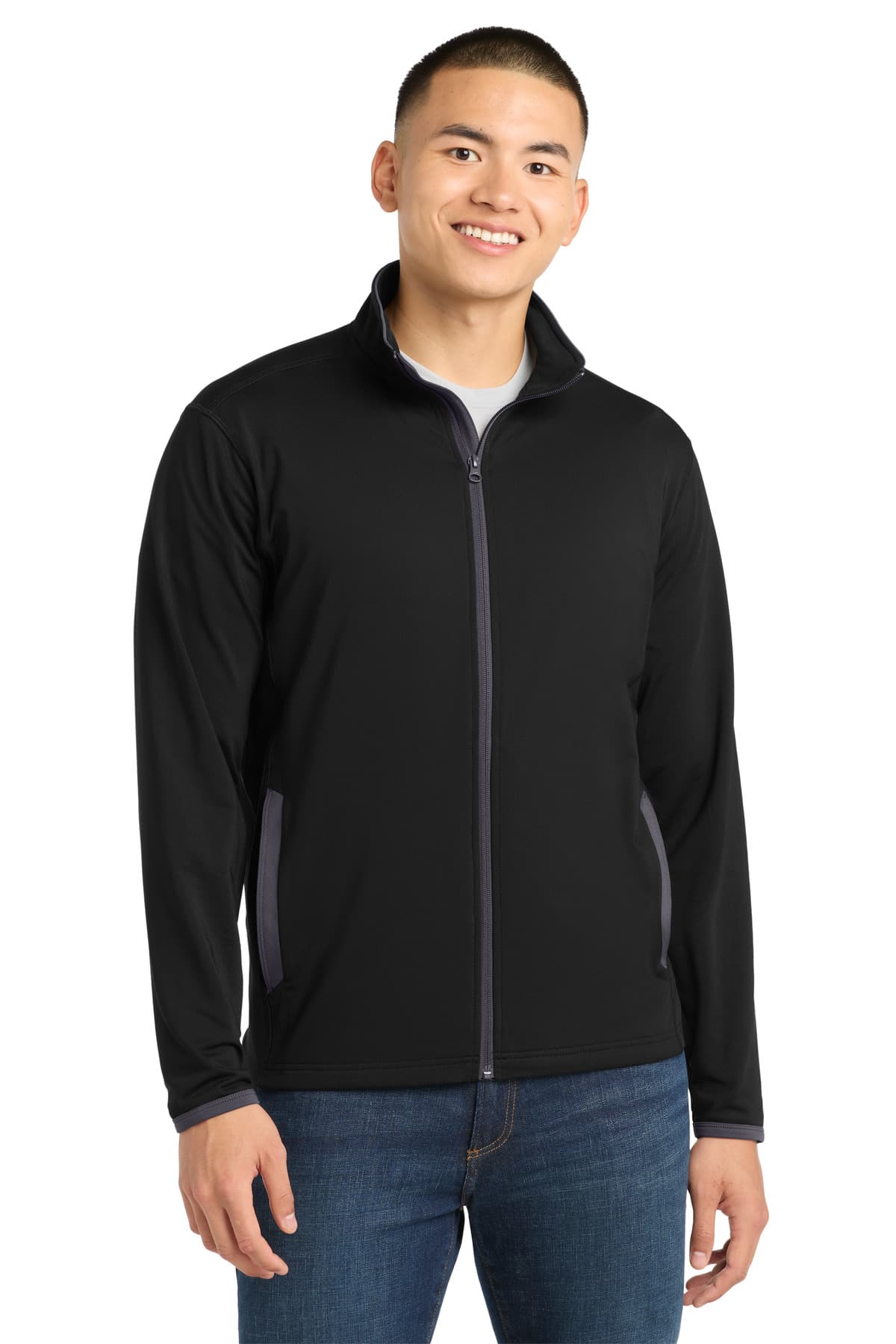 Sport-Tek ® Sport-Wick ® Stretch Contrast Full-Zip Jacket — Black/ Charcoal Grey