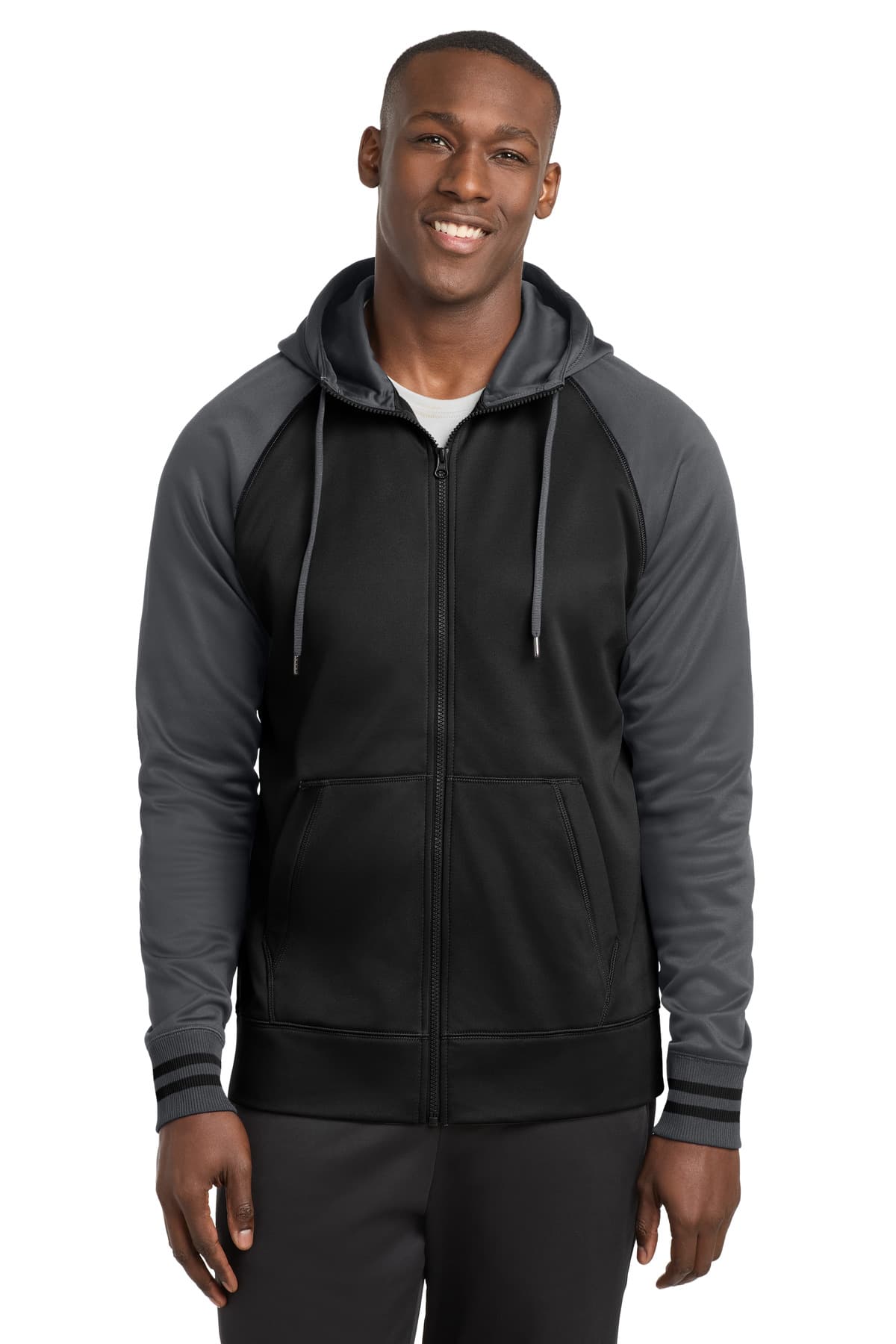 Sport-Tek ® Sport-Wick ® Varsity Fleece Full-Zip Hooded Jacket — Black/ Dark Smoke Grey
