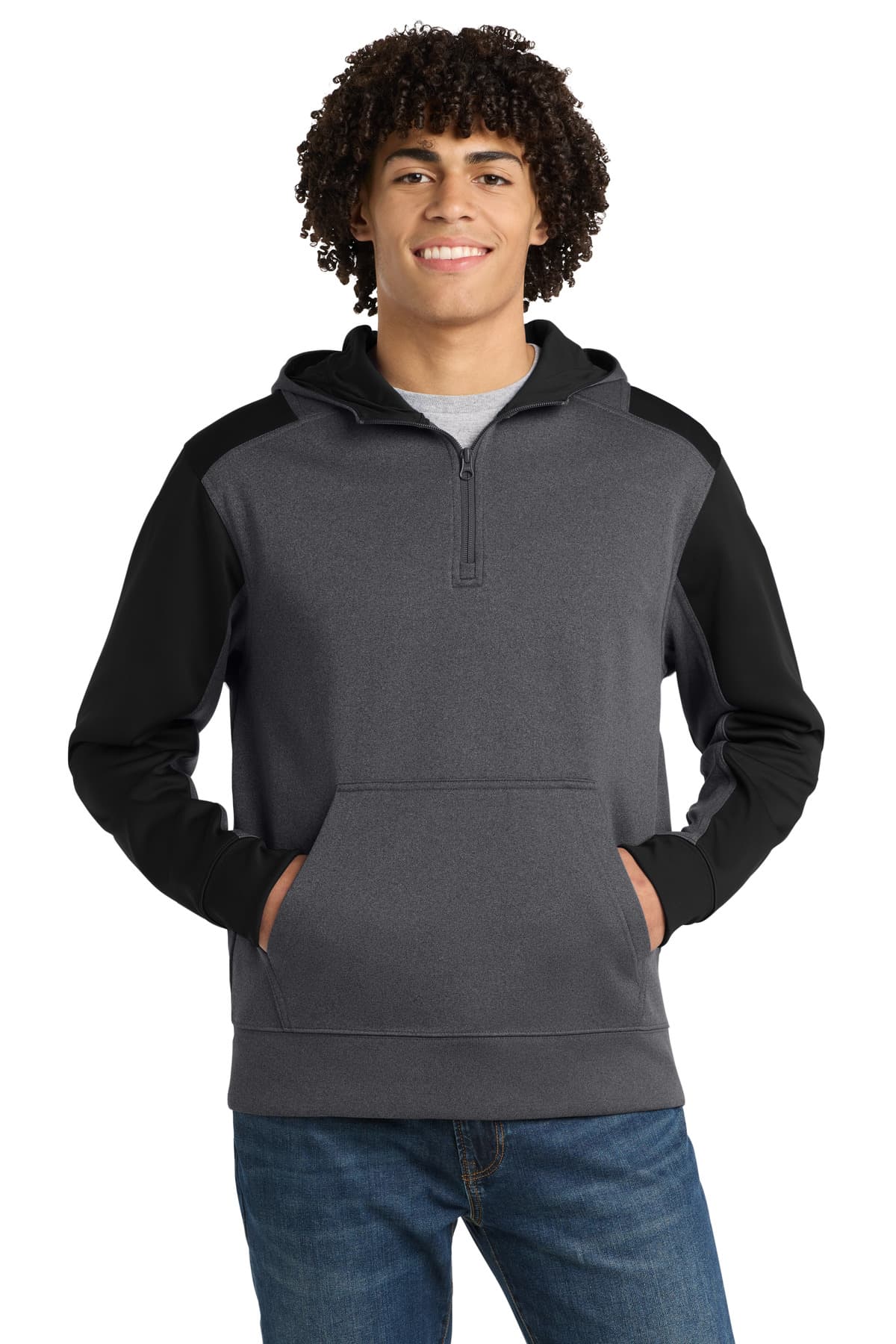 Sport-Tek ® Tech Fleece Colorblock 1/4-Zip Hooded Sweatshirt — Graphite Heather/ Black