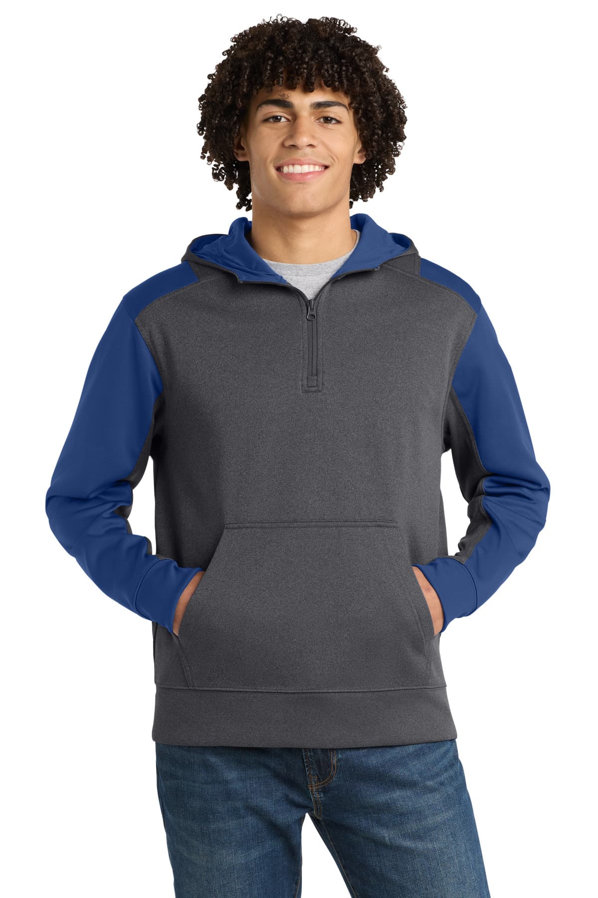 Sport-Tek ® Tech Fleece Colorblock 1/4-Zip Hooded Sweatshirt — Graphite Heather/ True Royal