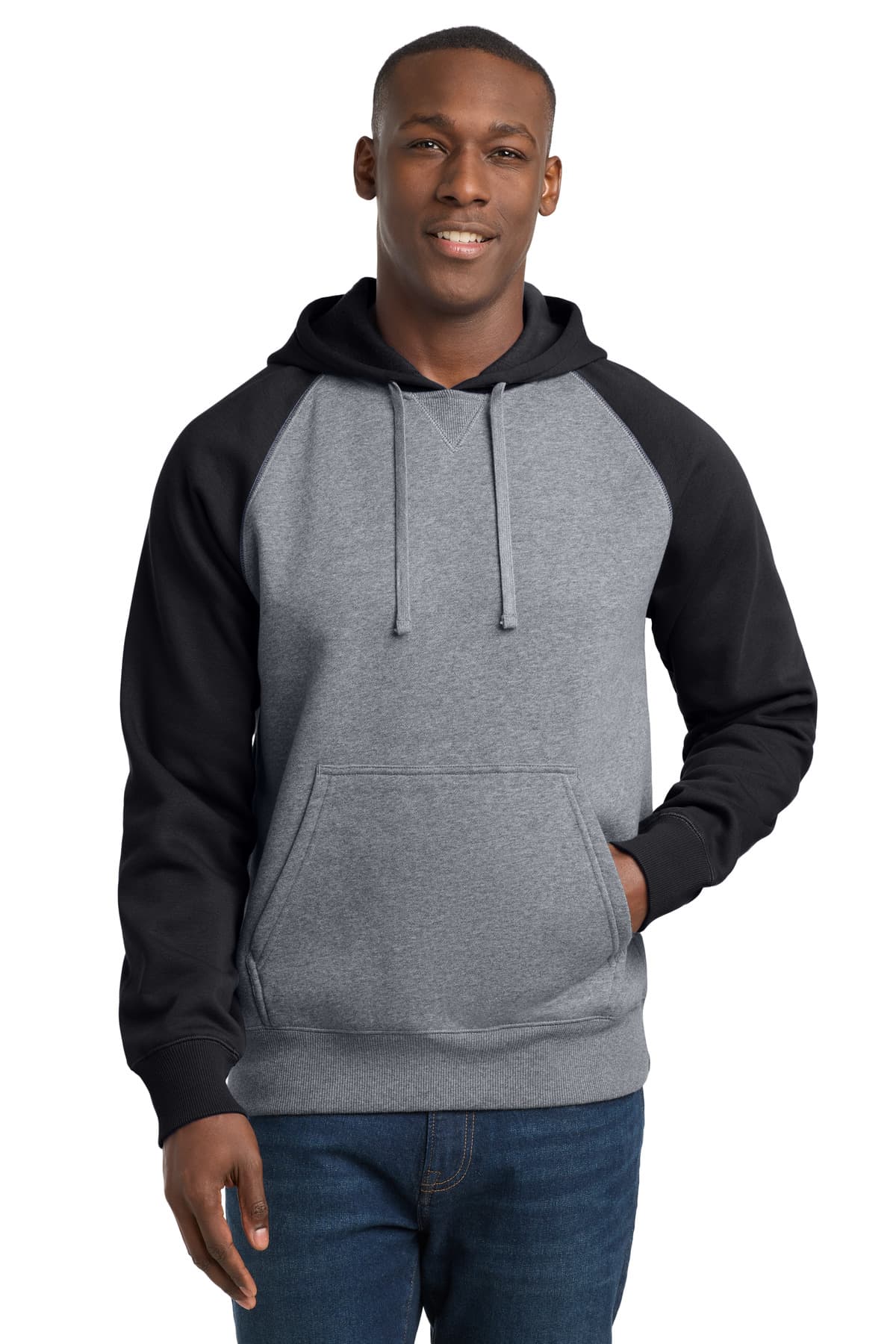 Sport-Tek ® Raglan Colorblock Pullover Hooded Sweatshirt — Black/ Vintage Heather
