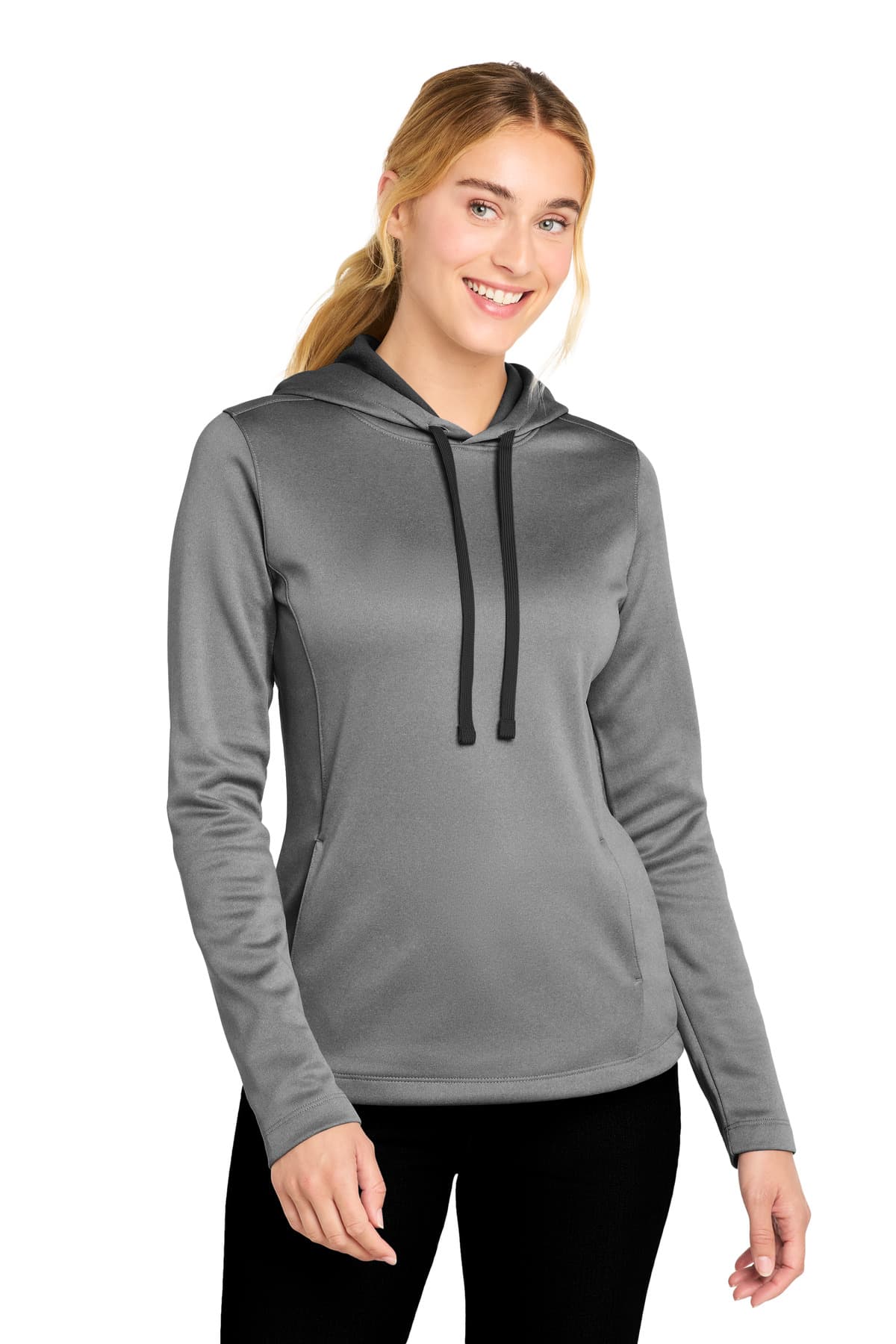 Sport-Tek ® Women's PosiCharge ® Sport-Wick ® Heather Fleece Hooded Pullover — Black Heather