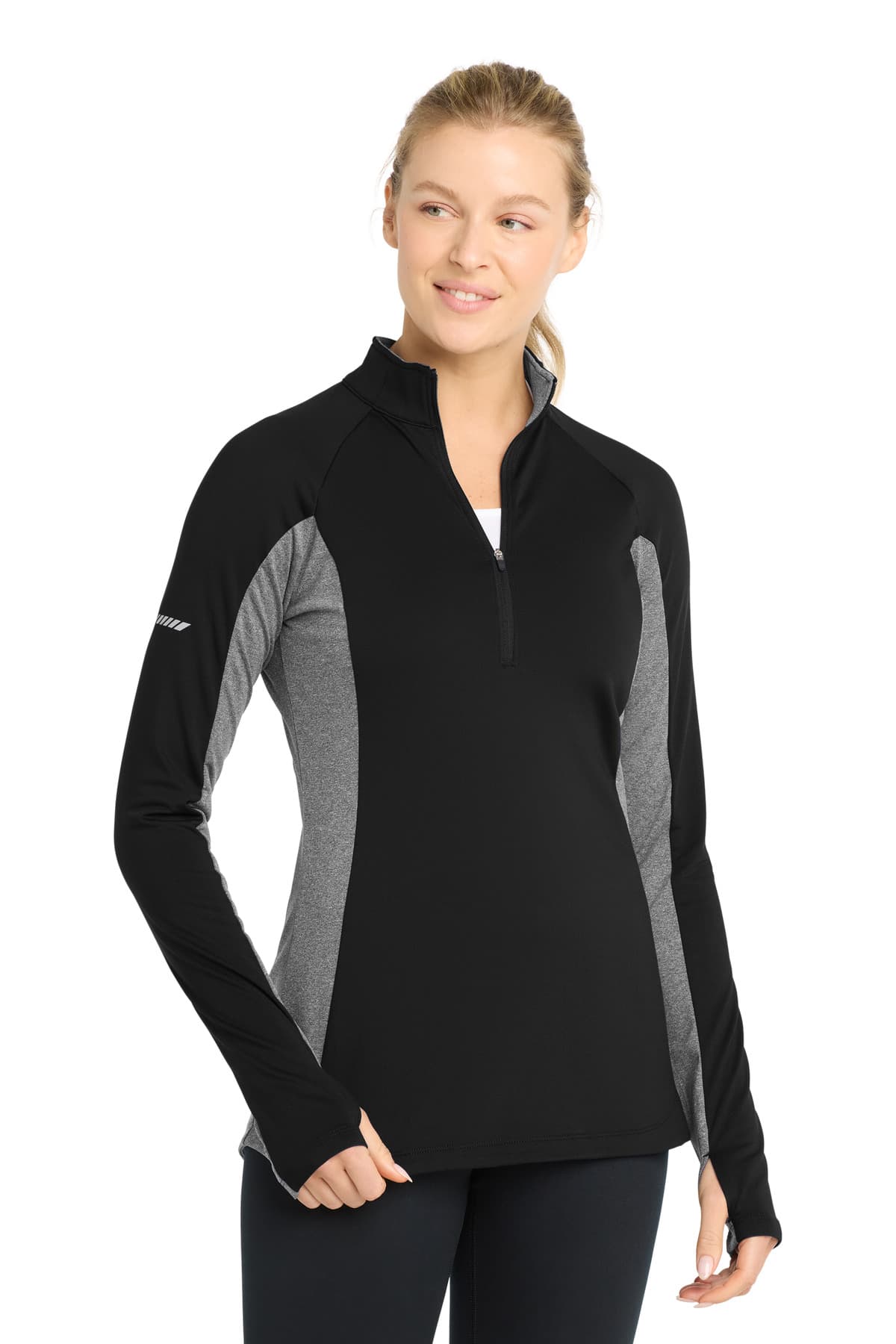 Sport-Tek ® Women's Sport-Wick ® Stretch Contrast 1/4-Zip Pullover — Black/ Charcoal Grey Heather