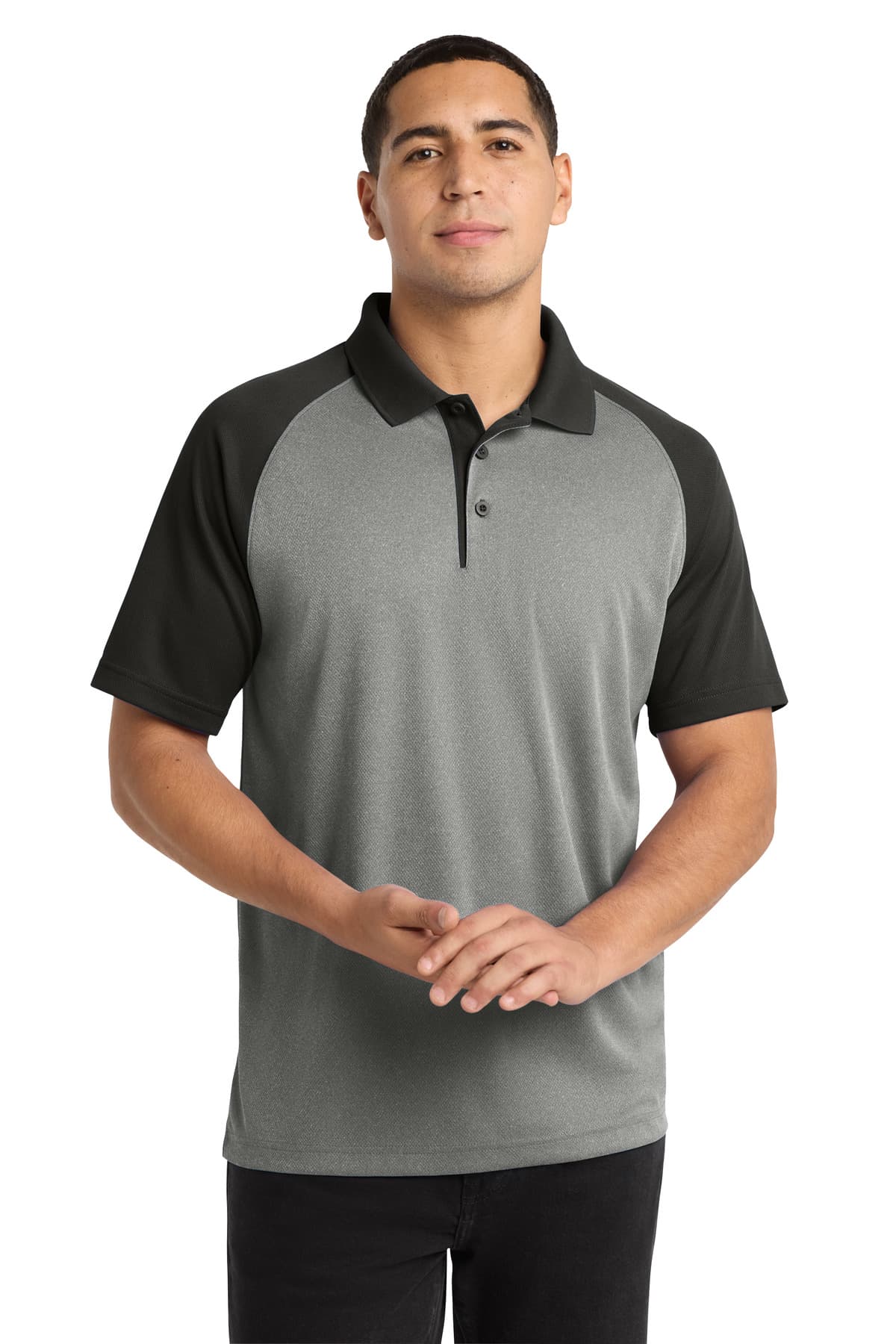 Sport-Tek ® PosiCharge ® RacerMesh ® Raglan Heather Block Polo — Grey Heather/ Black