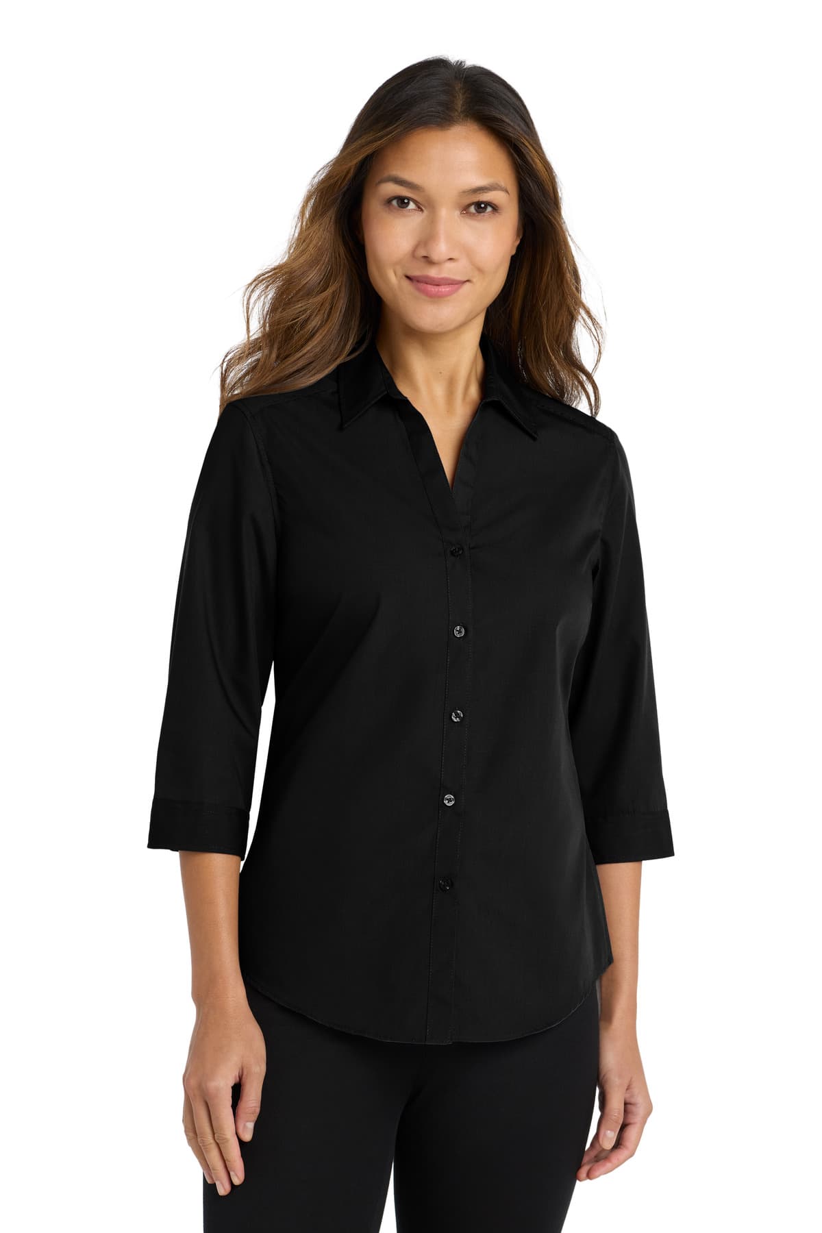 Port Authority ® Women's 3/4-Sleeve Carefree Poplin Shirt — Deep Black