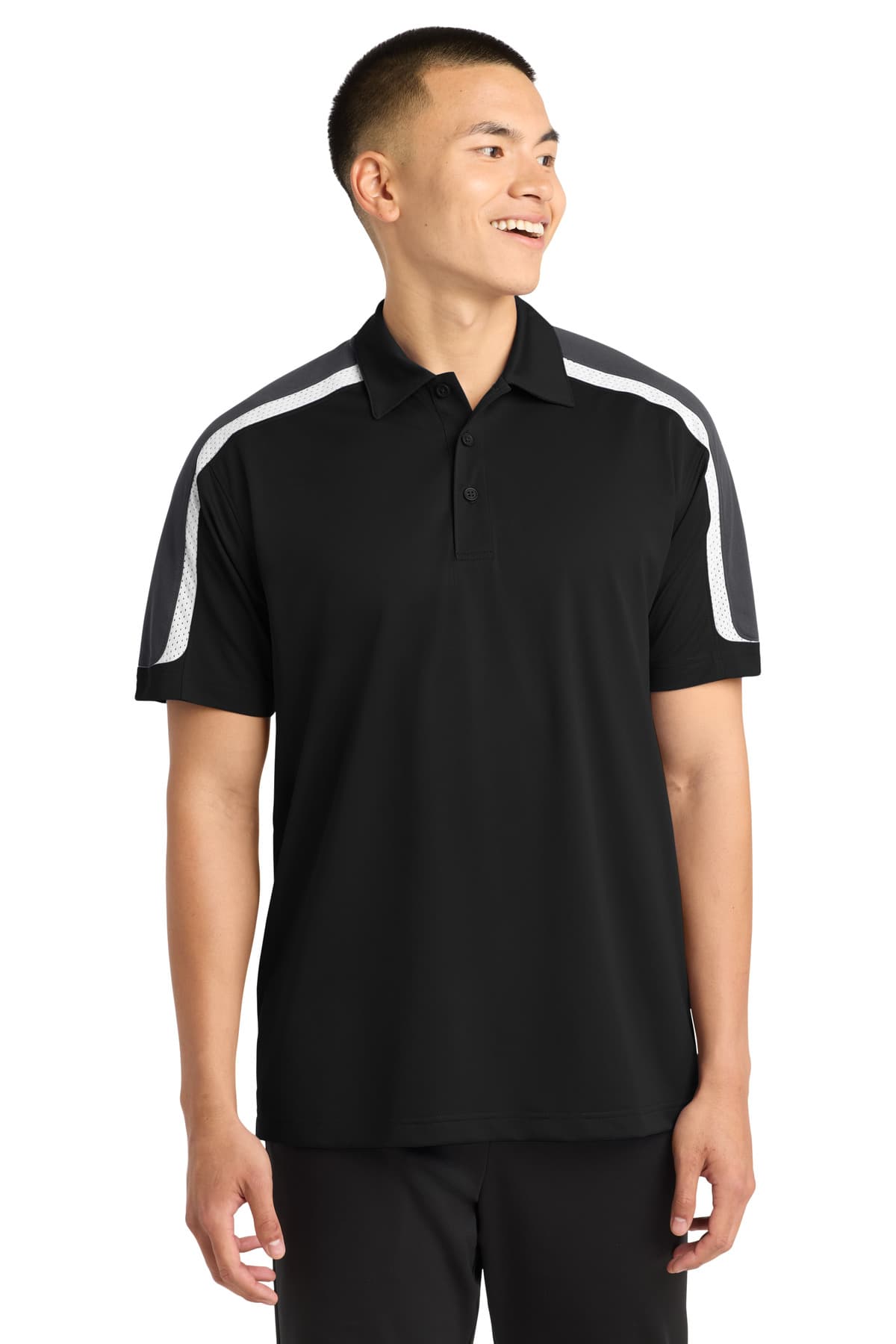 Sport-Tek ® Tricolor Shoulder Micropique Sport-Wick ® Polo — Black/ Iron Grey/ White