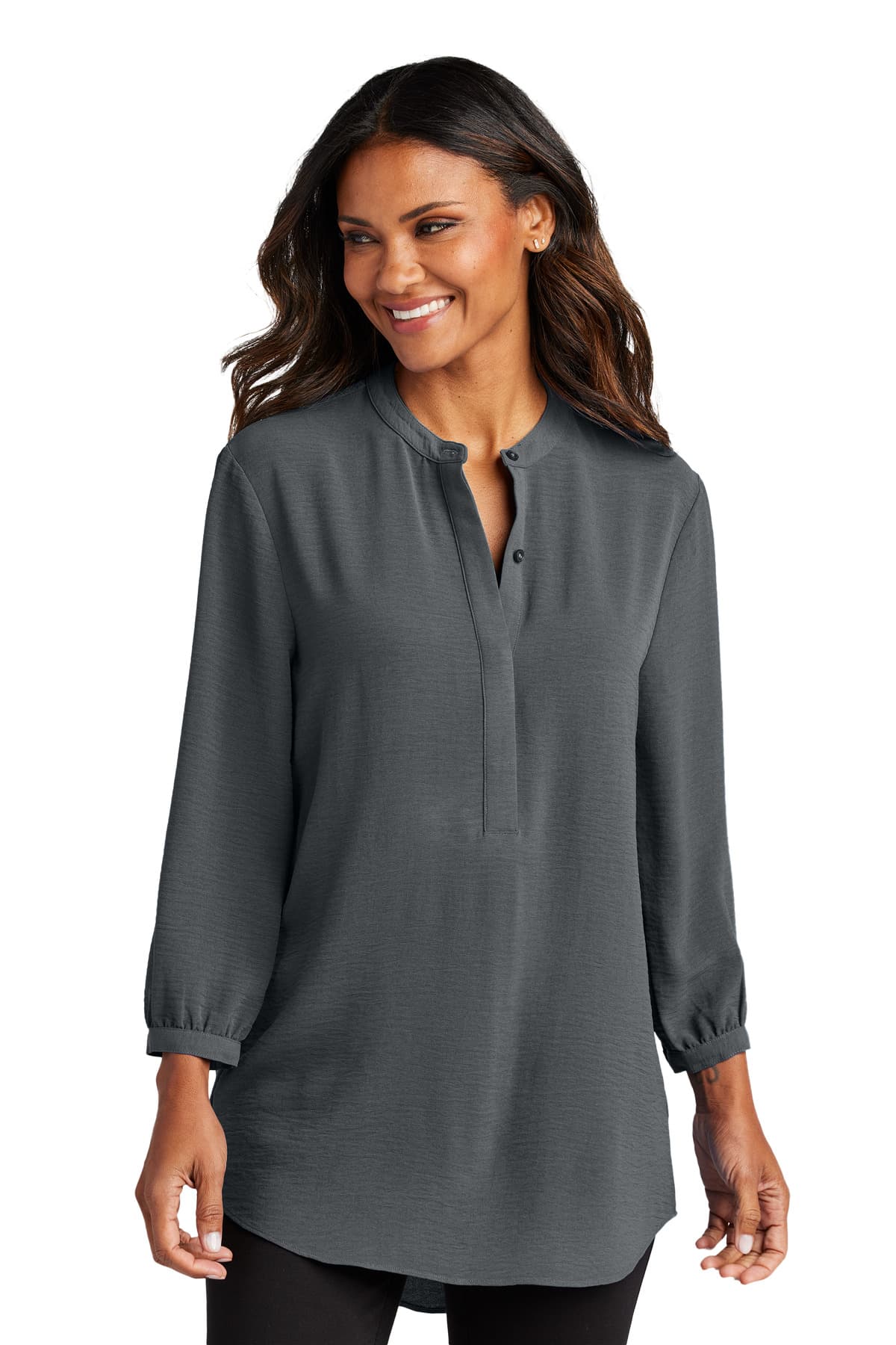 Port Authority ® Women's 3/4-Sleeve Textured Crepe Tunic — Graphite