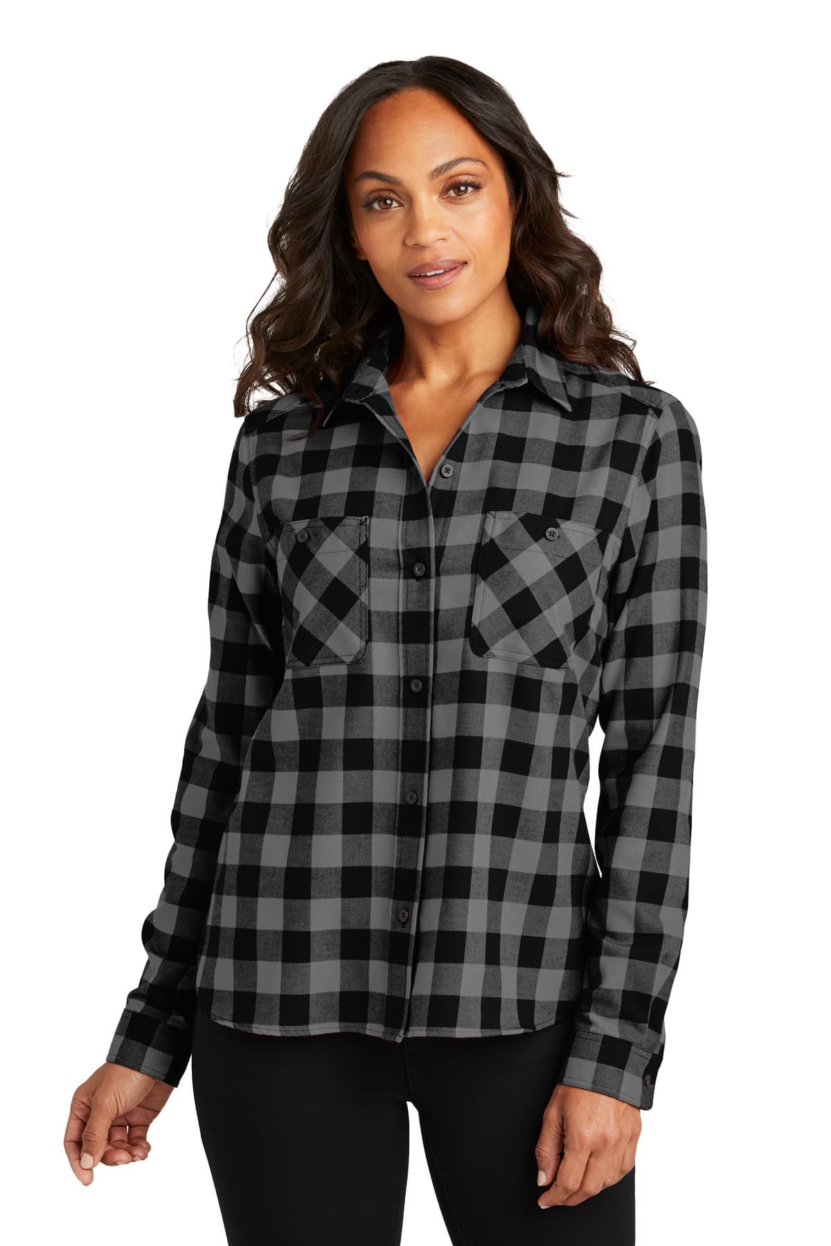 Port Authority ® Women's Plaid Flannel Shirt — Grey/ Black Buffalo Check