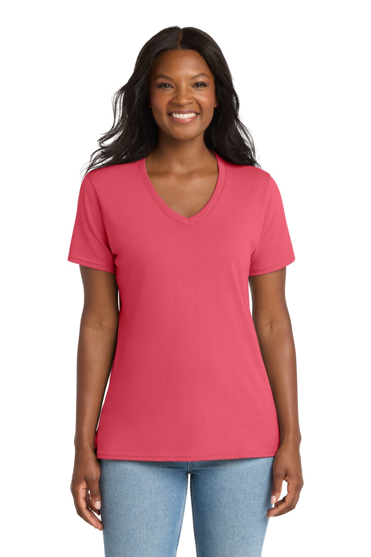 Port & Co  Women's Core Cotton V-Neck Tee — Coral