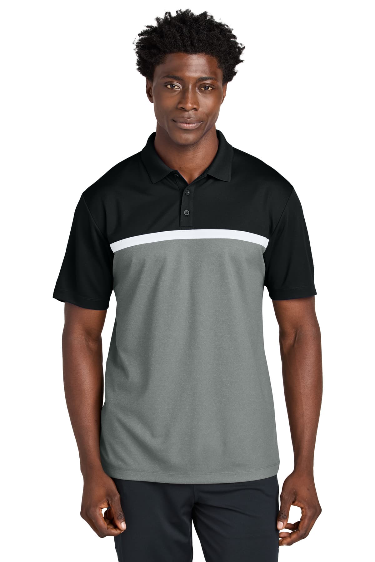 Sport-Tek ® UV Micropique Colorblock Polo — Black/ Grey Concrete Heather/ White
