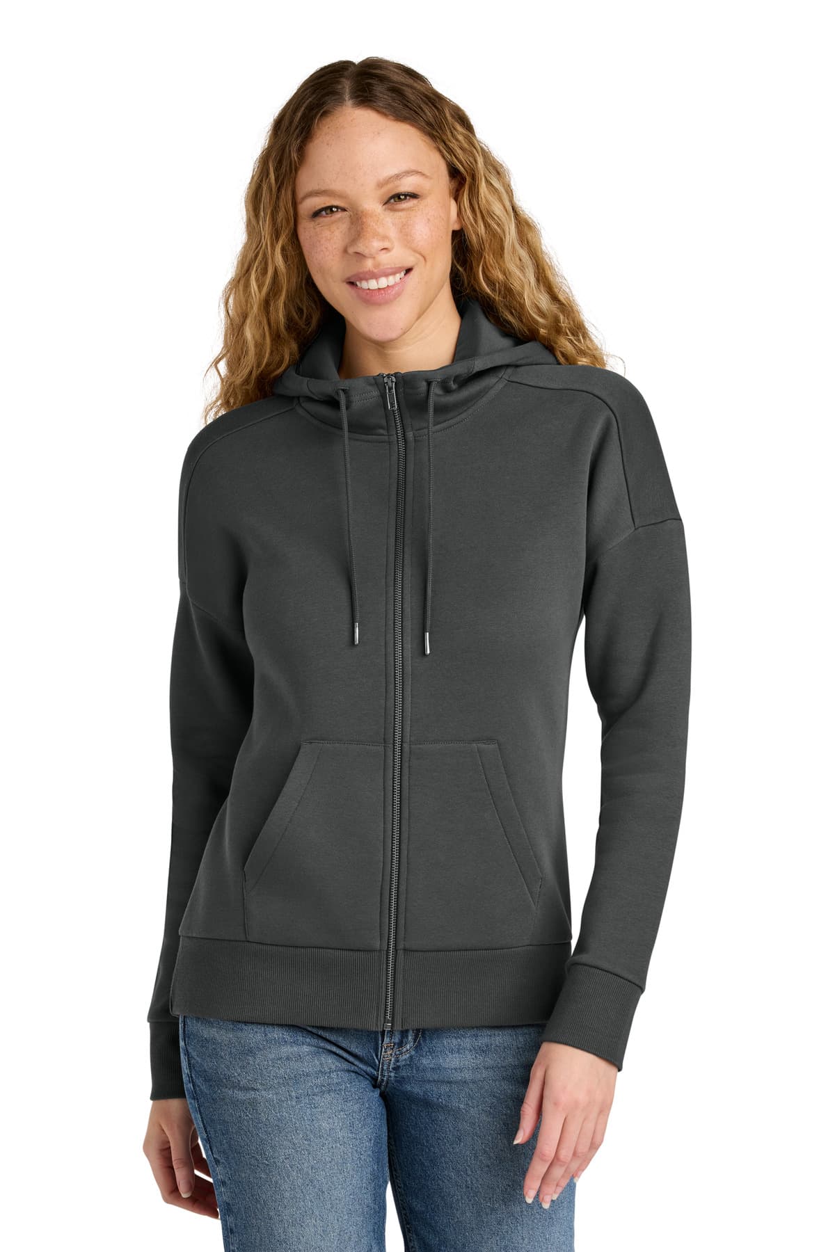District ® Women's Perfect Weight ® Fleece Drop Shoulder Full-Zip Hoodie — Charcoal