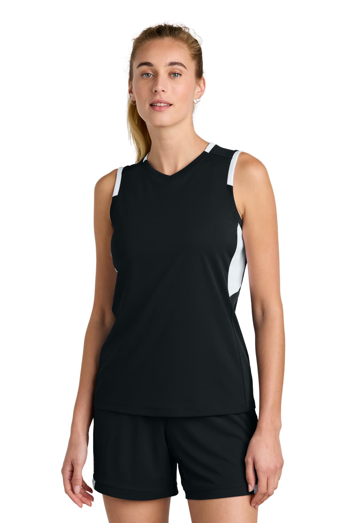 Sport-Tek ® Women's Club Sleeveless V-Neck — Black/ White