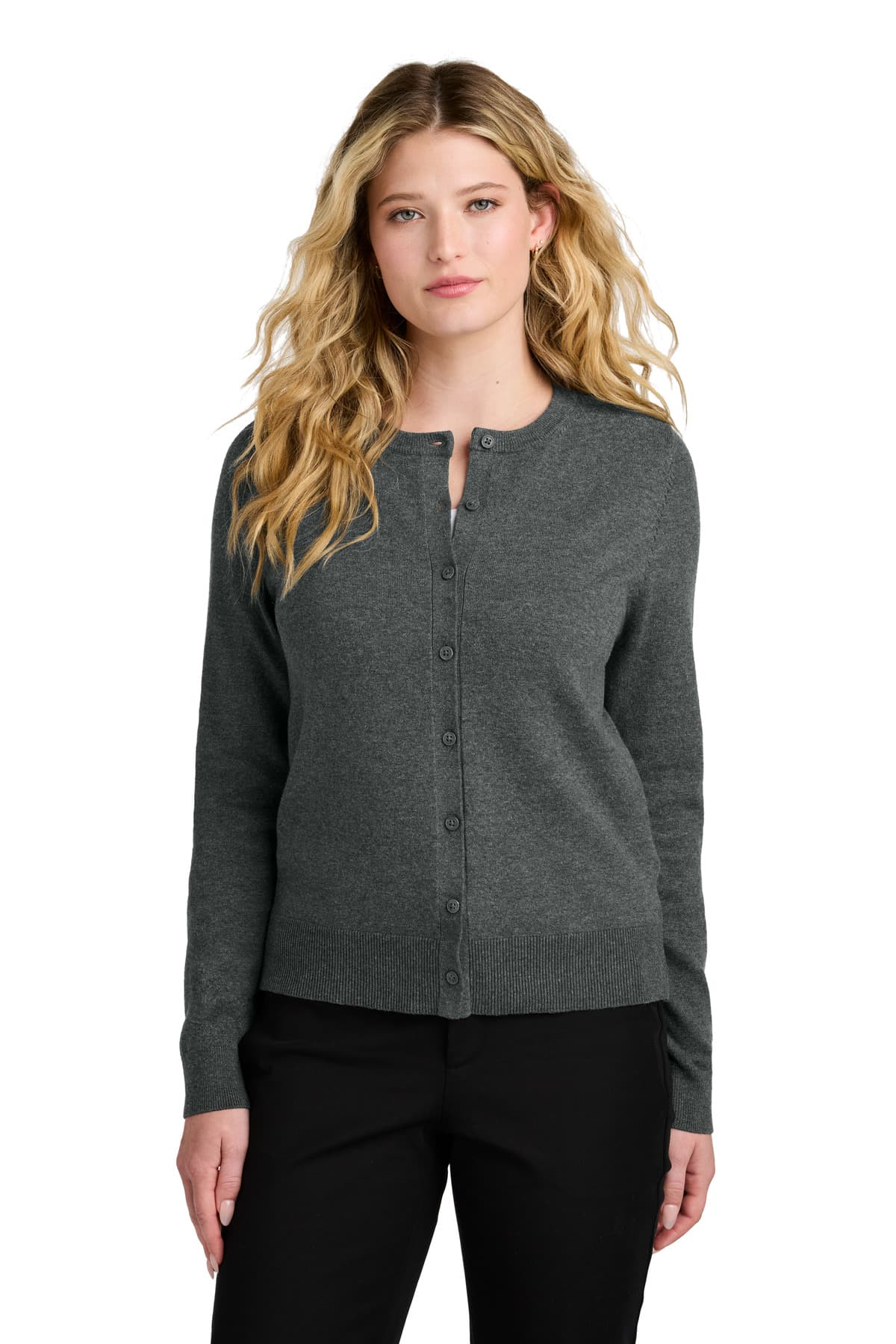Port Authority ® Women's Easy Care Crewneck Cardigan Sweater — Charcoal Heather