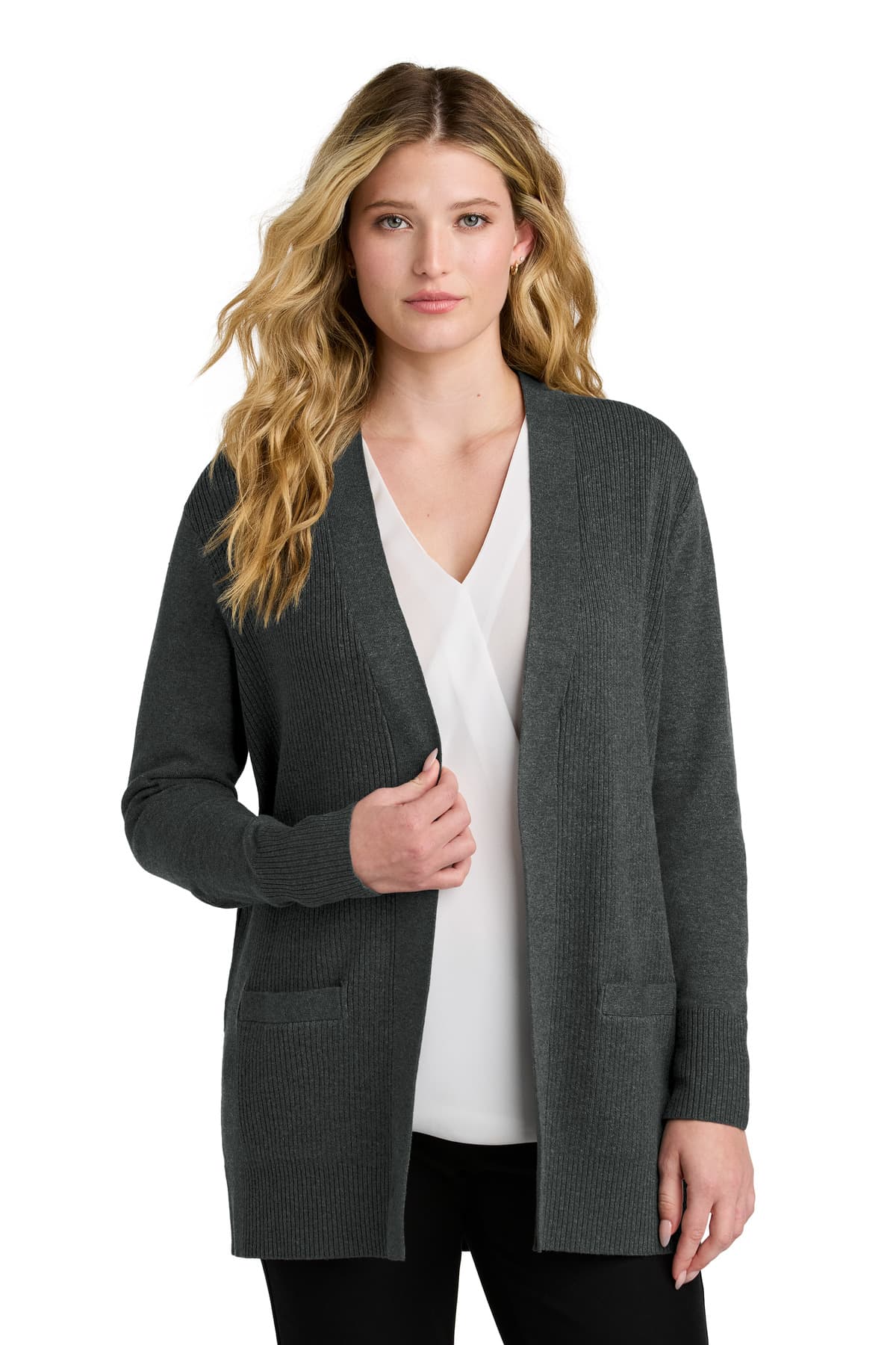 Port Authority ® Women's Easy Care Open-Front Cardigan Sweater — Charcoal Heather