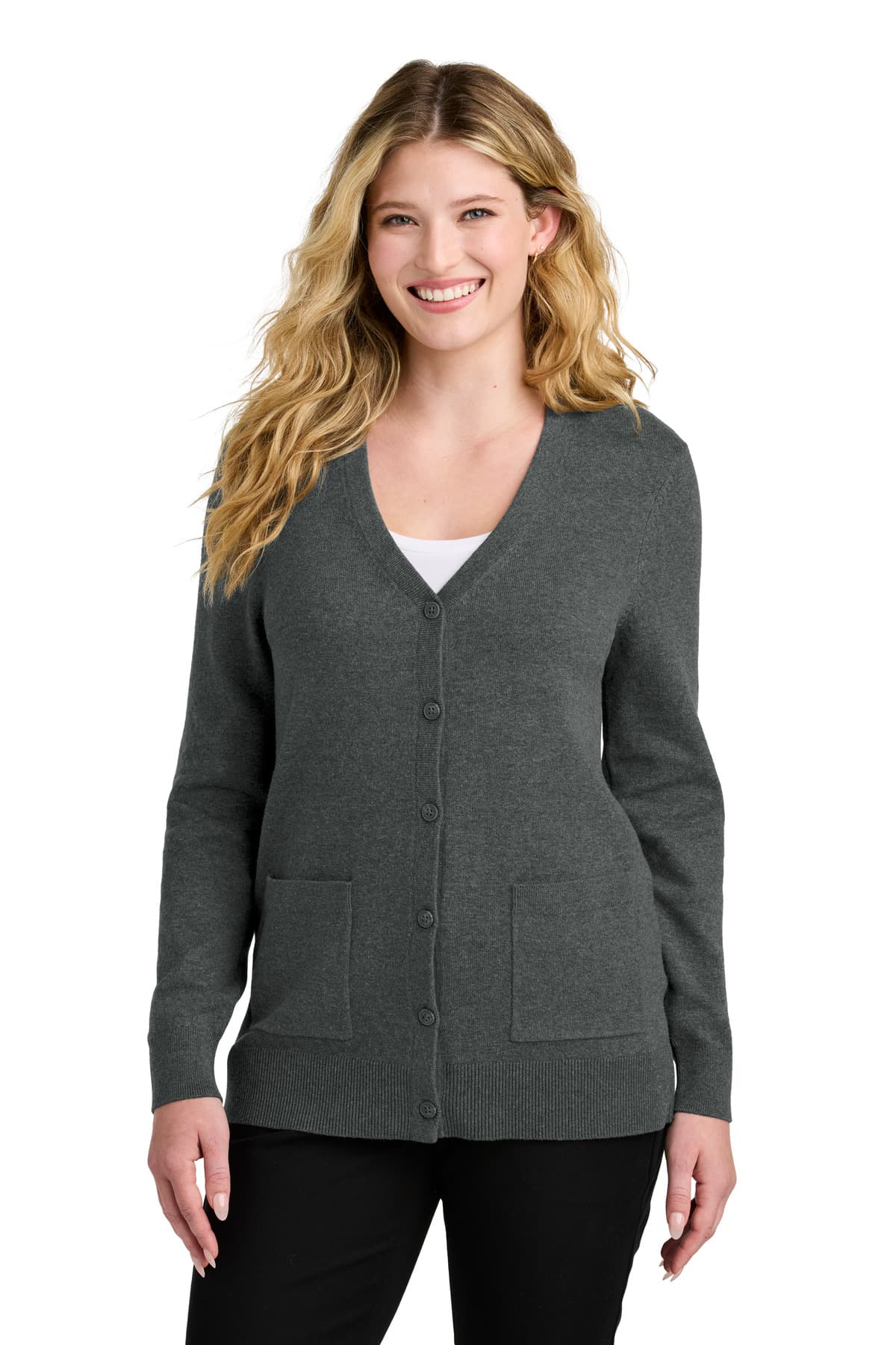 Port Authority ® Women's Easy Care Button-Up Cardigan Sweater — Charcoal Heather