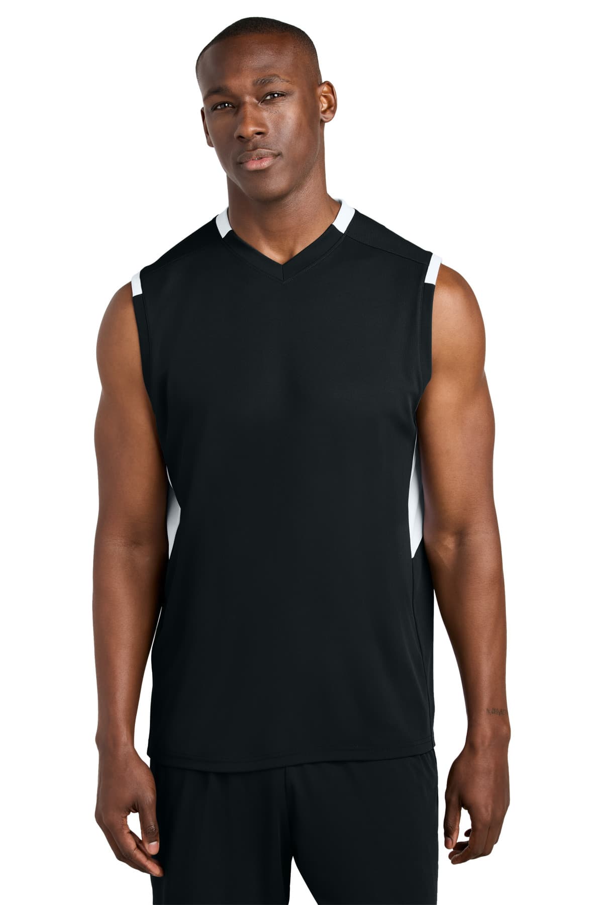 Sport-Tek ® Club Sleeveless V-Neck — Black/ White