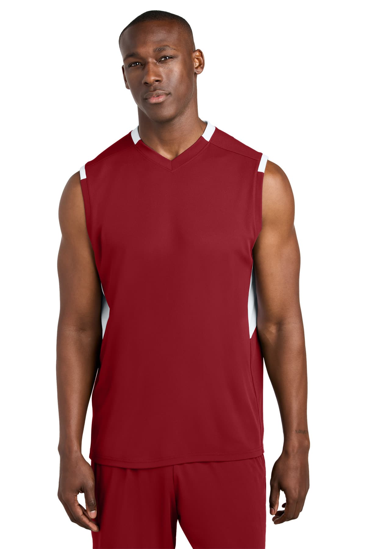 Sport-Tek ® Club Sleeveless V-Neck — Deep Red/ White