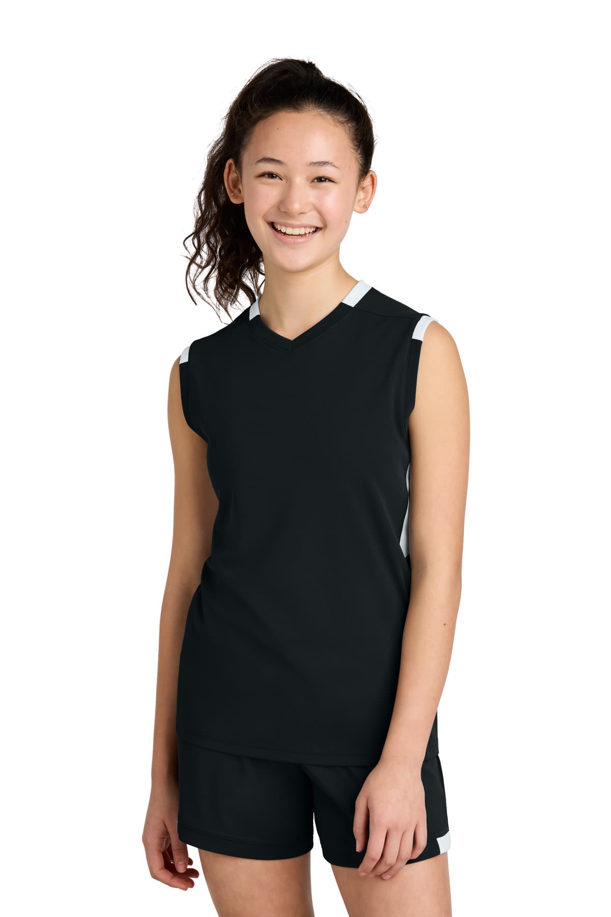 Sport-Tek ® Youth Club Sleeveless V-Neck — Black/ White
