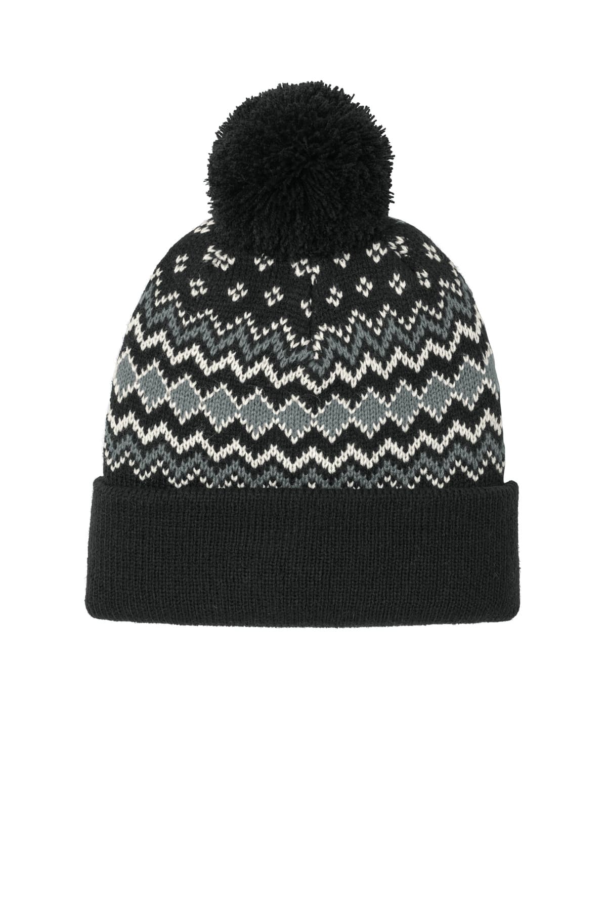 Port Authority ® Alpine Pom Beanie — Deep Black/ Gusty Grey/ Marshmallow
