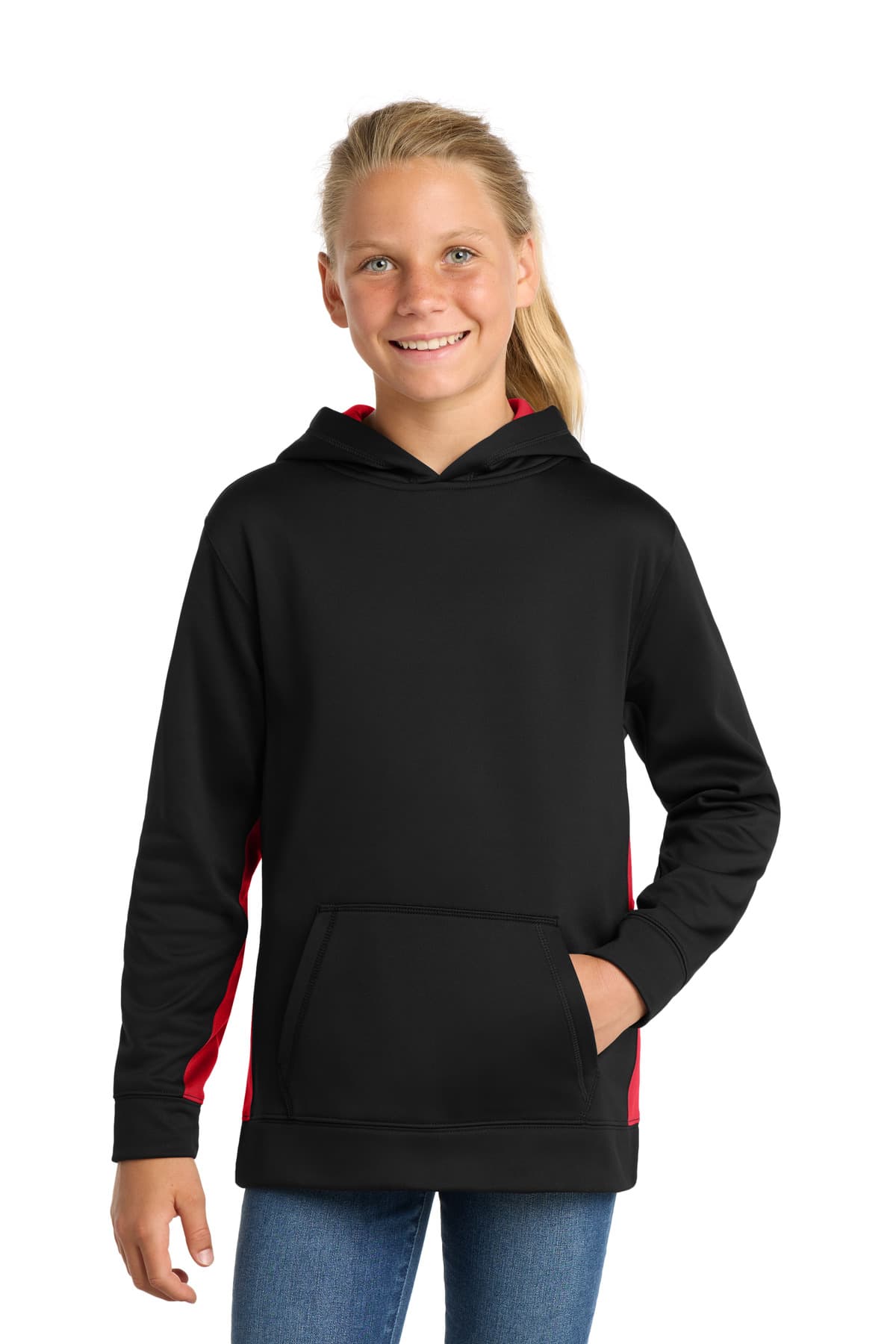 Sport-Tek ® Youth Sport-Wick ® Fleece Colorblock Hooded Pullover — Black/ Deep Red