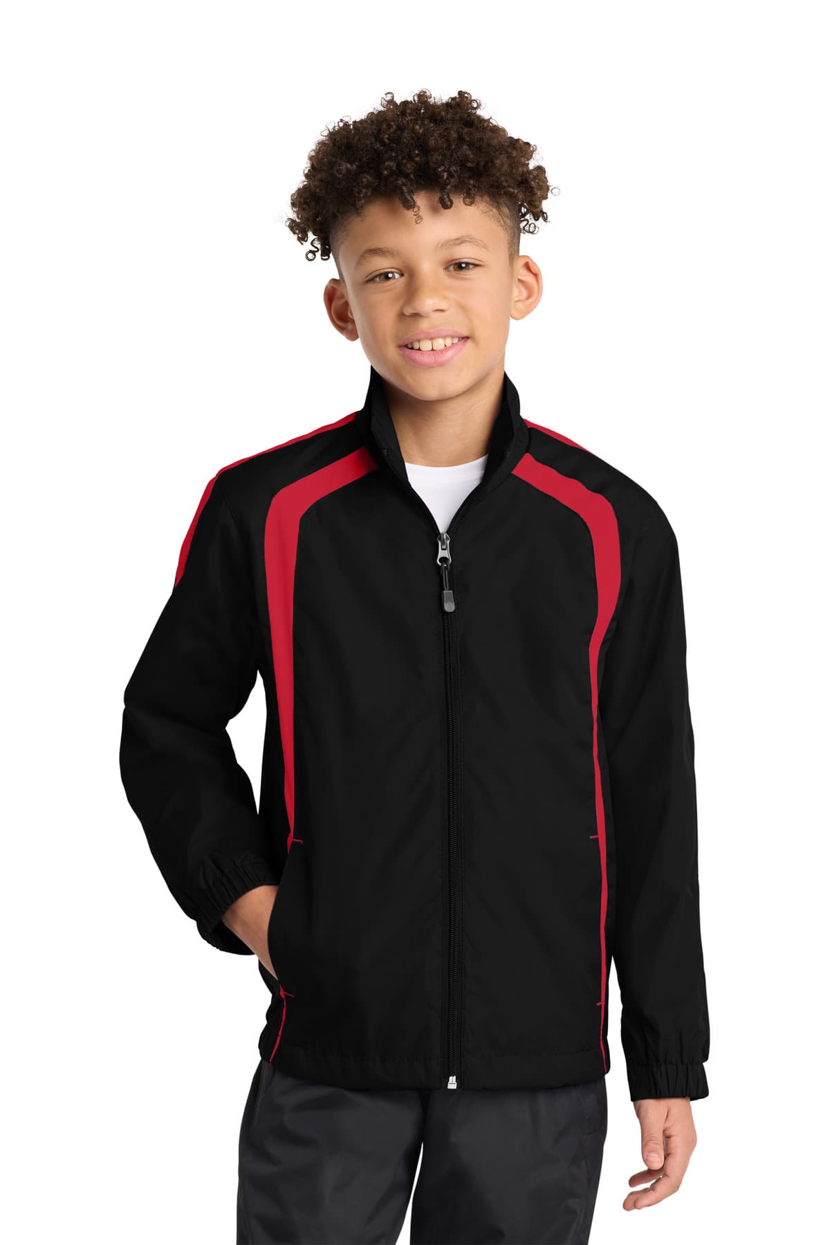 Sport-Tek ® Youth Colorblock Raglan Jacket — Black/ True Red