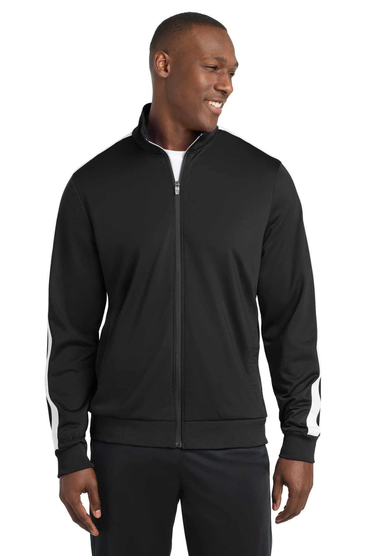 Sport-Tek ® Tricot Sleeve Stripe Track Jacket — Black/ White